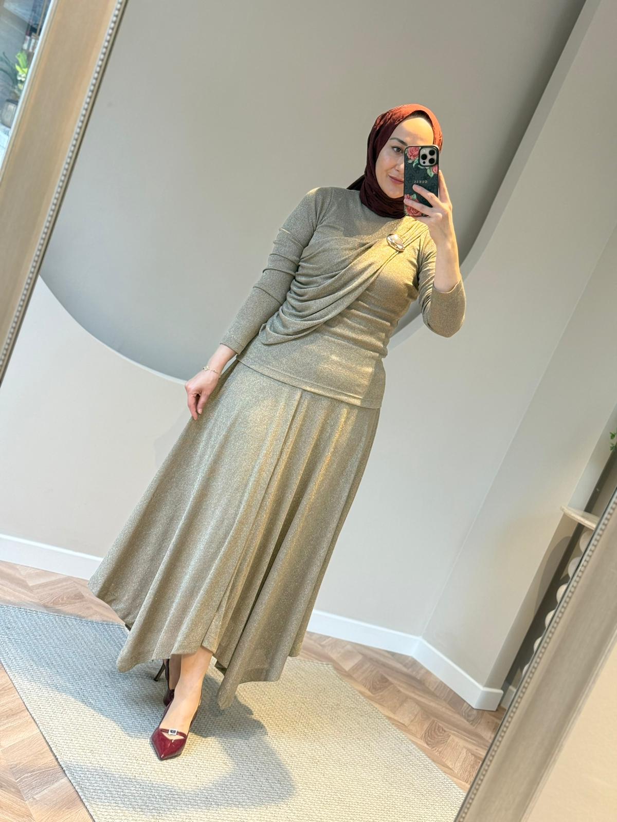 Kahma Simli Merserize Etekli Takım - Vizon