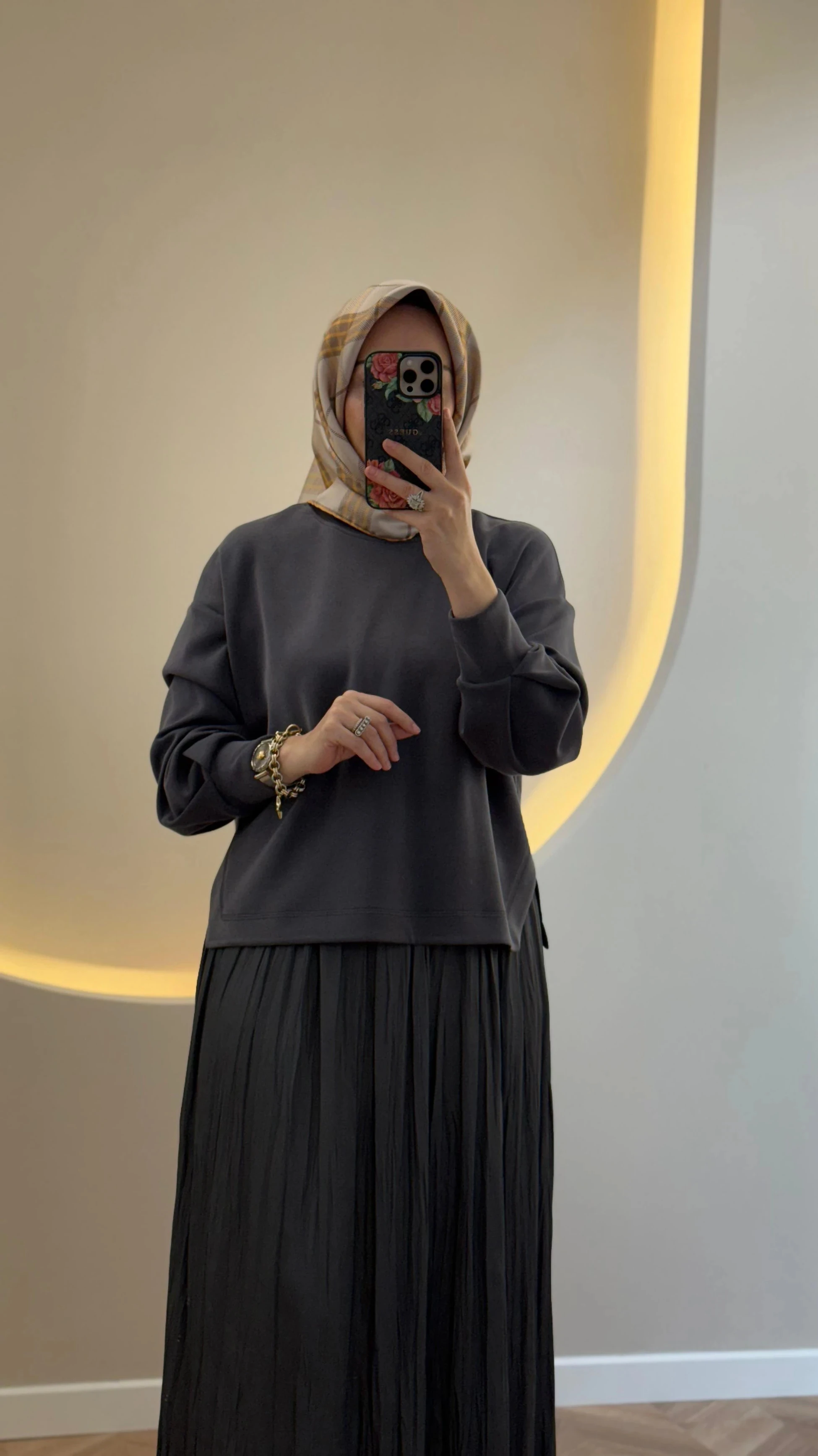 Tığ Triko Saten Kurdele Detaylı Etekli Takım - Antrasit