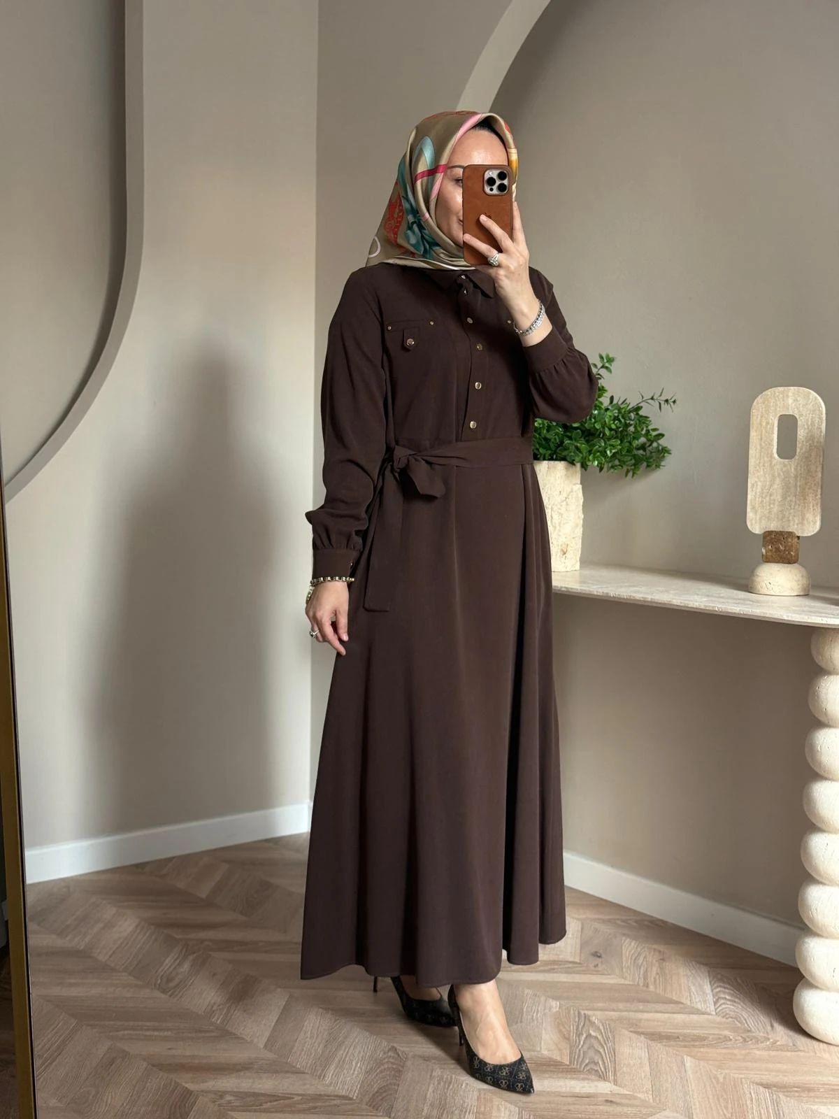 Nuss Cep Detaylı Tencel Elbise- Kahve