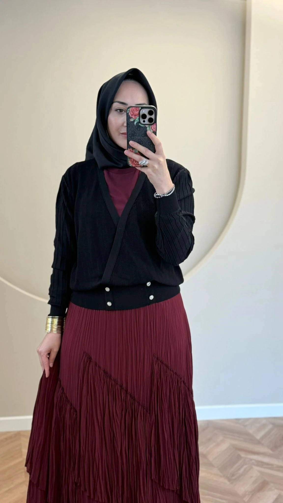 Sentez Viola Parçalı Kırıştırma Etek - Bordo