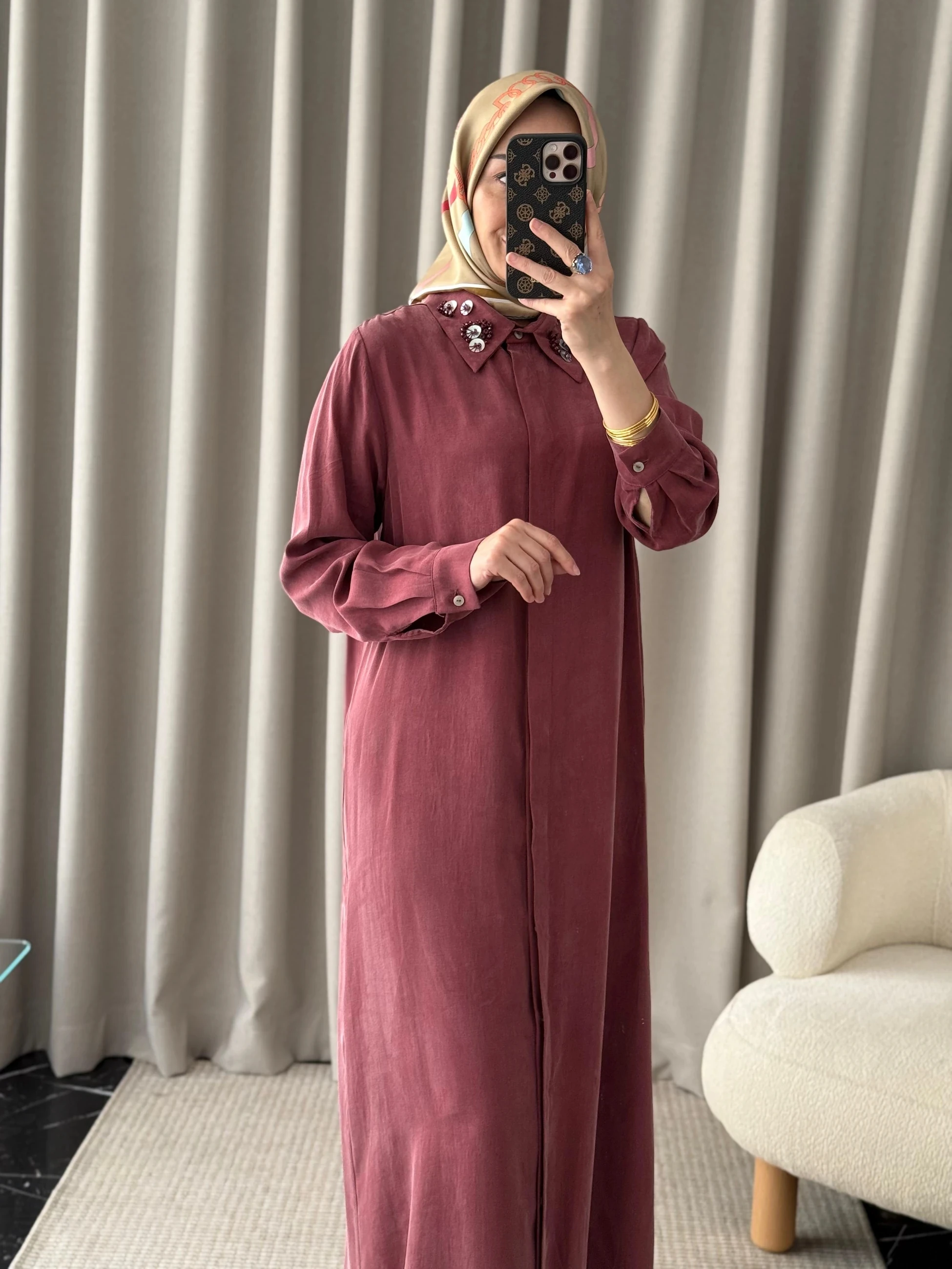 Qeffa Yakası Pullu Gömlek Elbise - Bordo