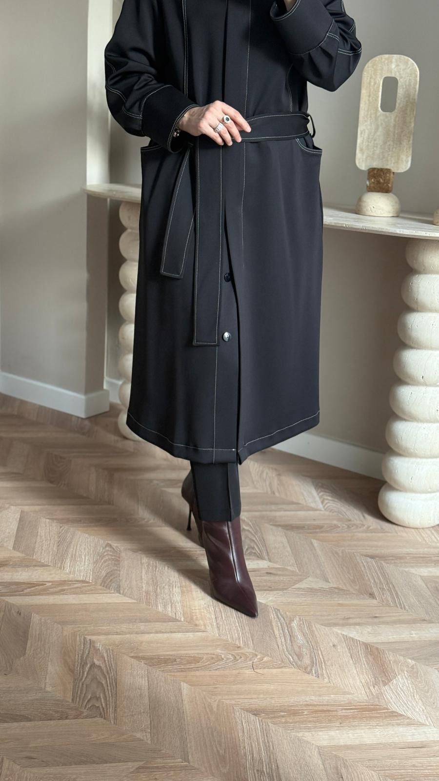 Qeffa Scuba Kumaş Pardesü-Siyah