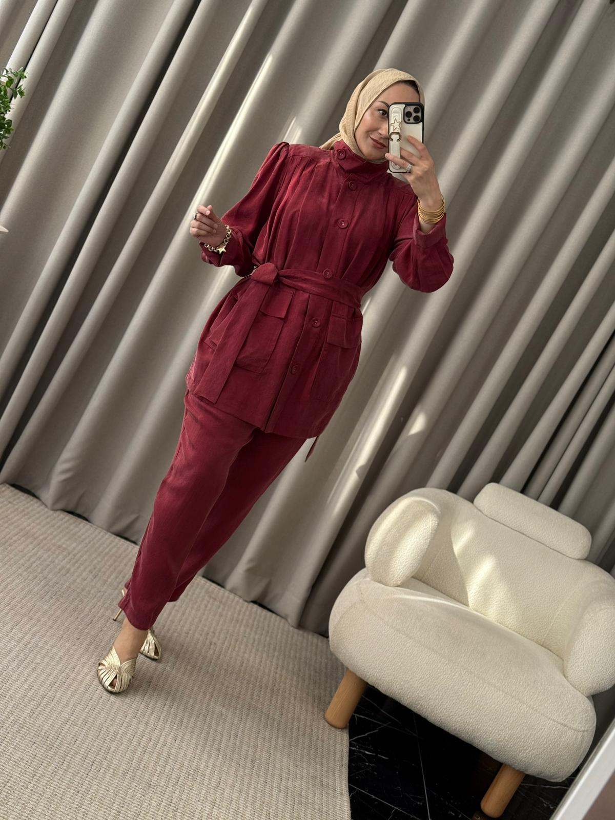 Kahma İpek Cupra Ceket Takım - Bordo