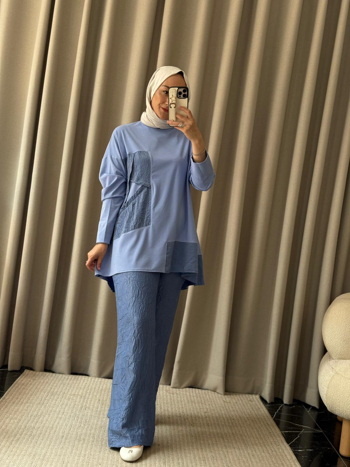 Tığ Triko Kraş Kombinli Asimetrik Takım - Mavi