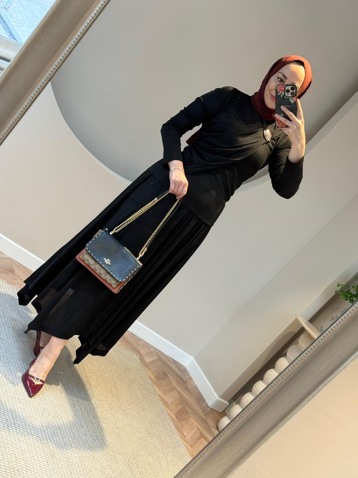 Kahma Simli Merserize Etekli Takım - Siyah