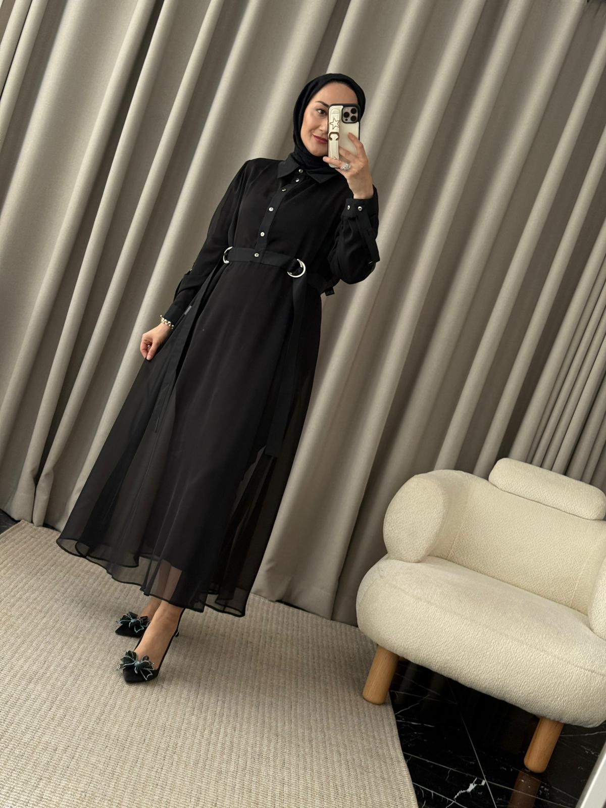 Kahma İkili Şifon Elbise - Siyah