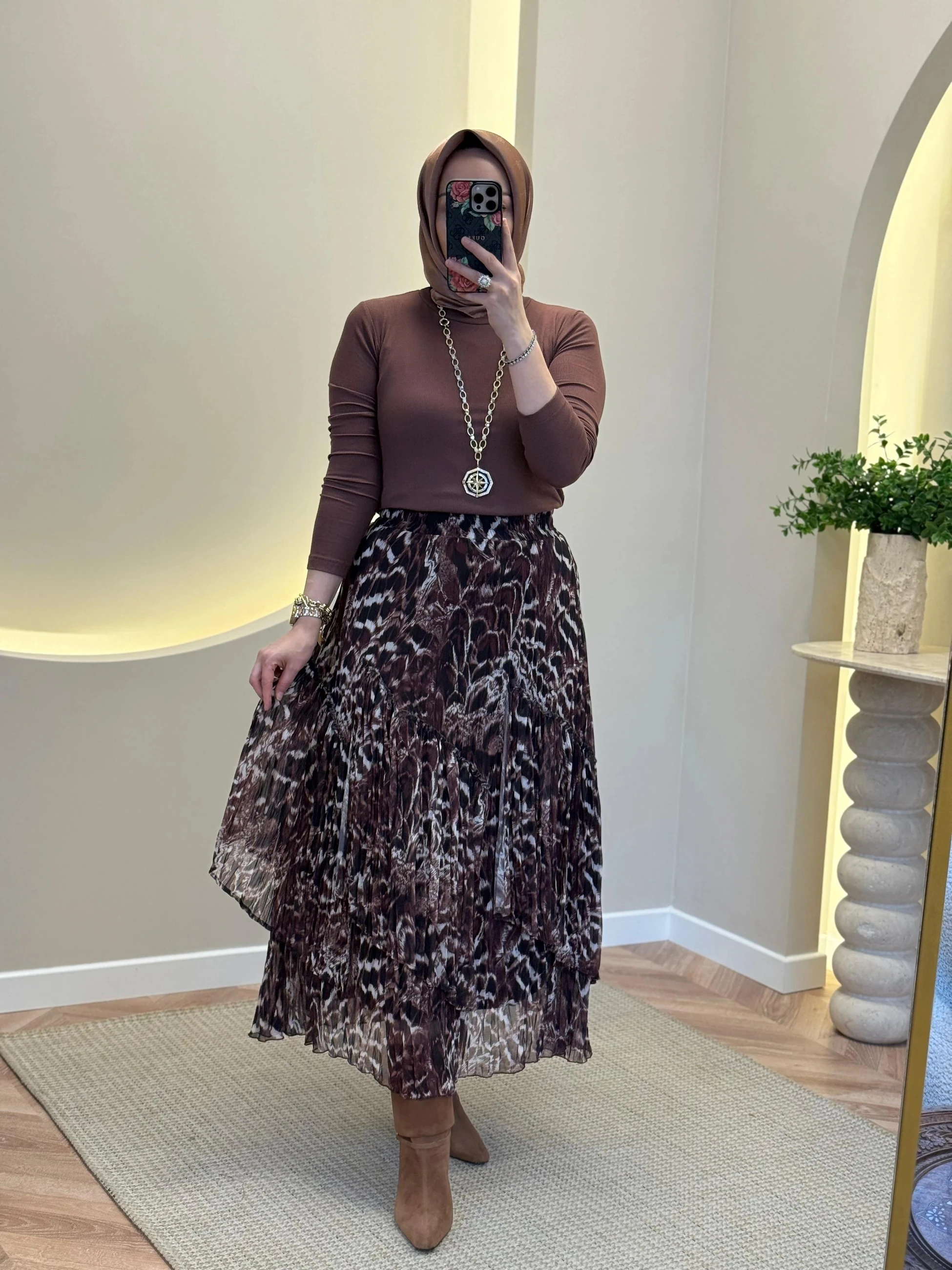 Sentez Viola Leopar Etek - Kahverengi