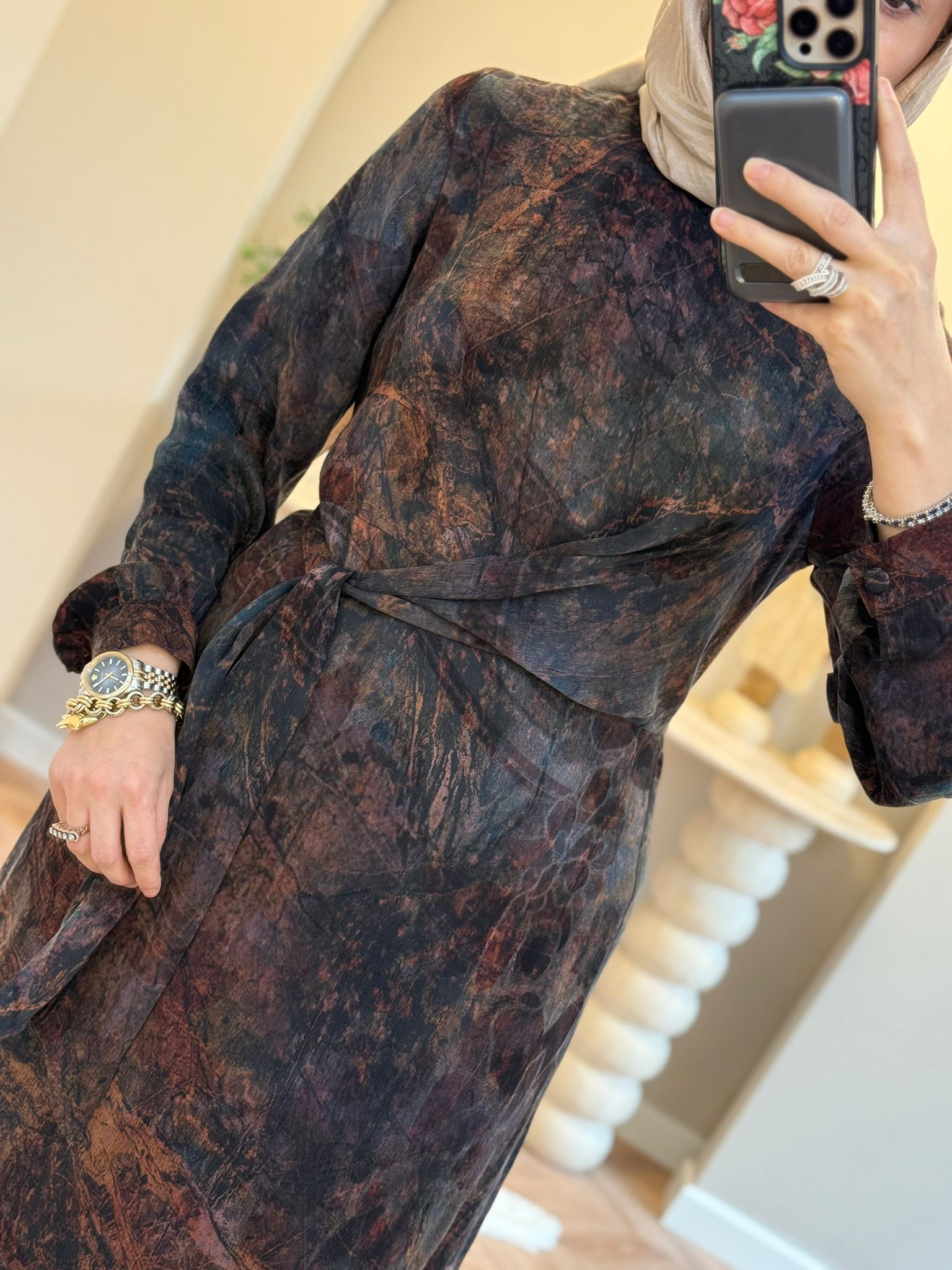 Nuss Bel Detaylı Desenli Elbise