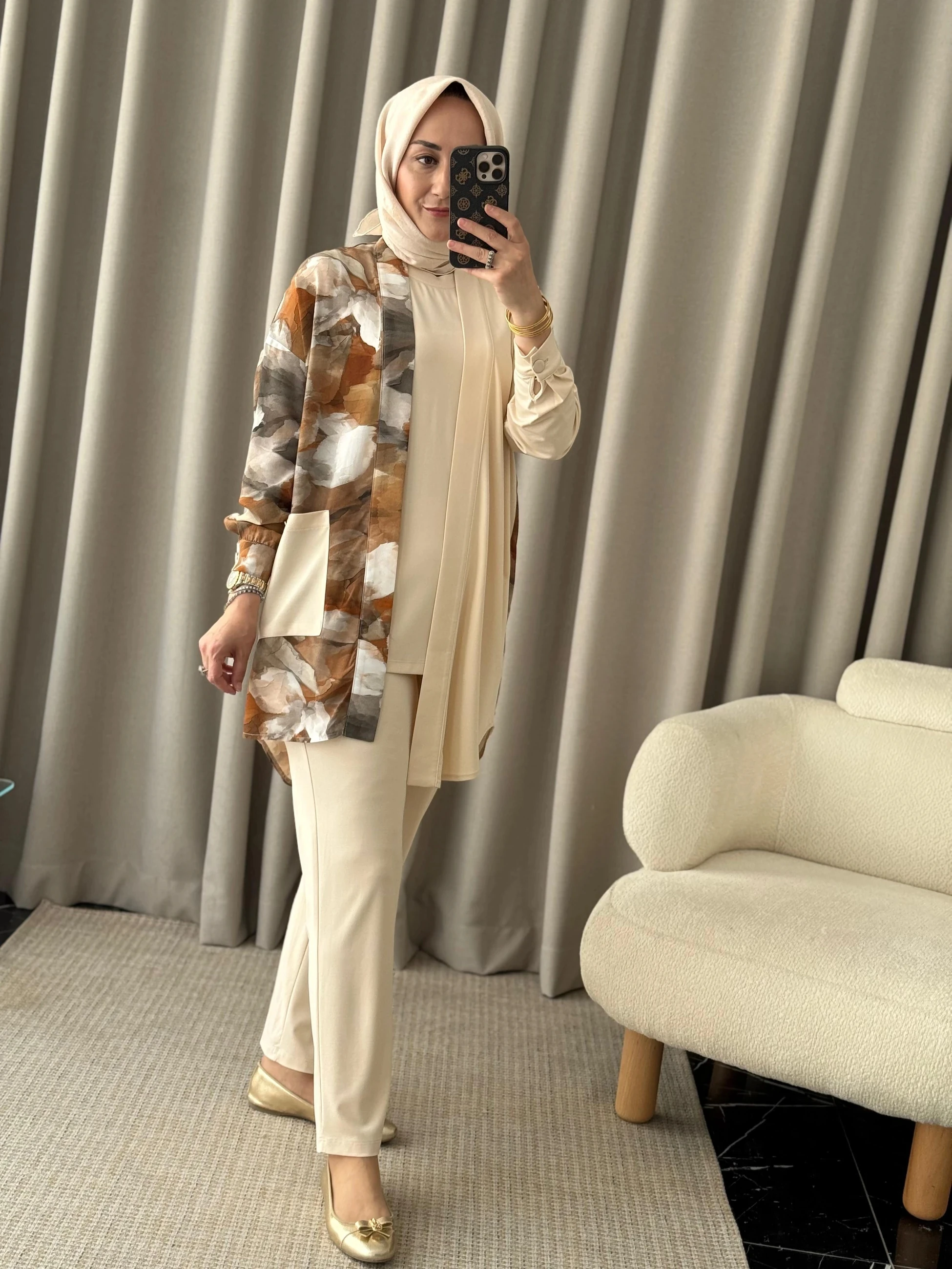 Tığ Triko Asimetrik Kesim Üçlü Takım - Bej