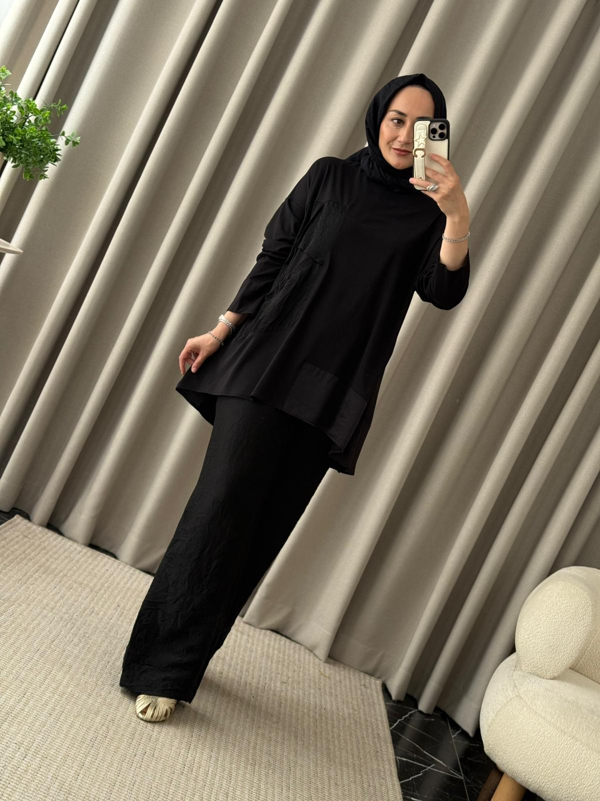 Tığ Triko Kraş Kombinli Asimetrik Takım - Siyah