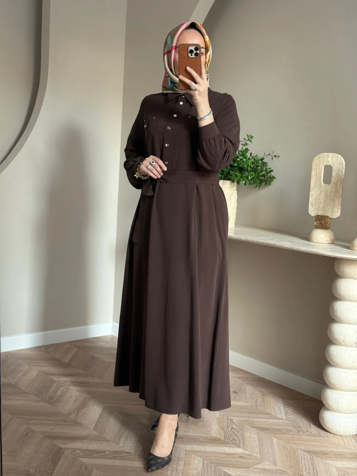 Nuss Cep Detaylı Tencel Elbise- Kahve