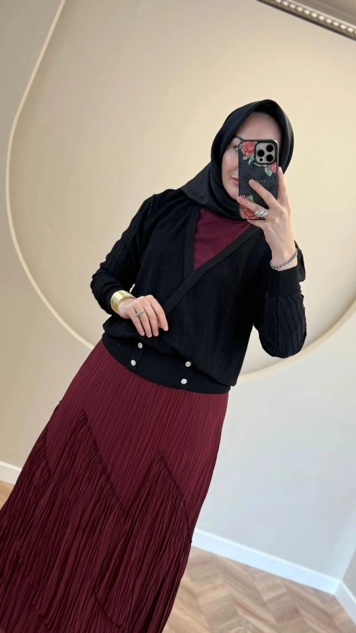 Sentez Viola Parçalı Kırıştırma Etek - Bordo