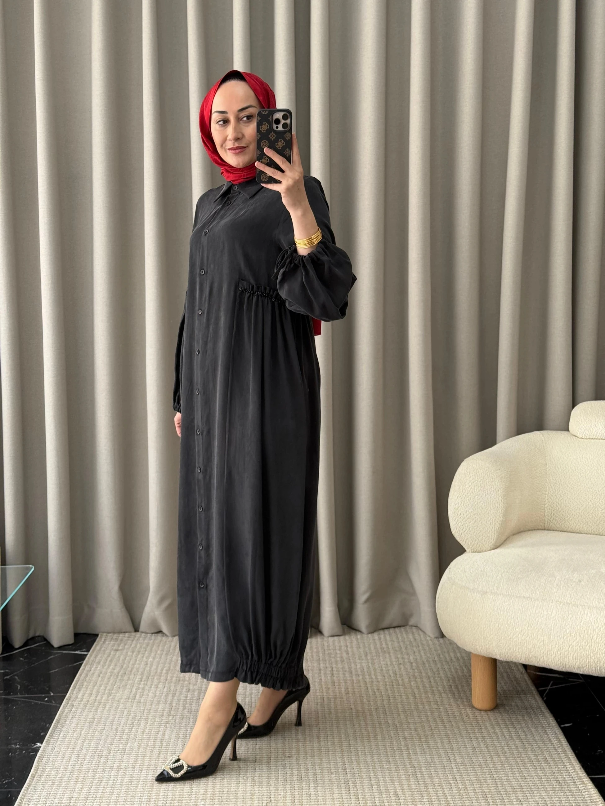 Qeffa Etek Ucu Ribanalı İpek Elbise - Siyah