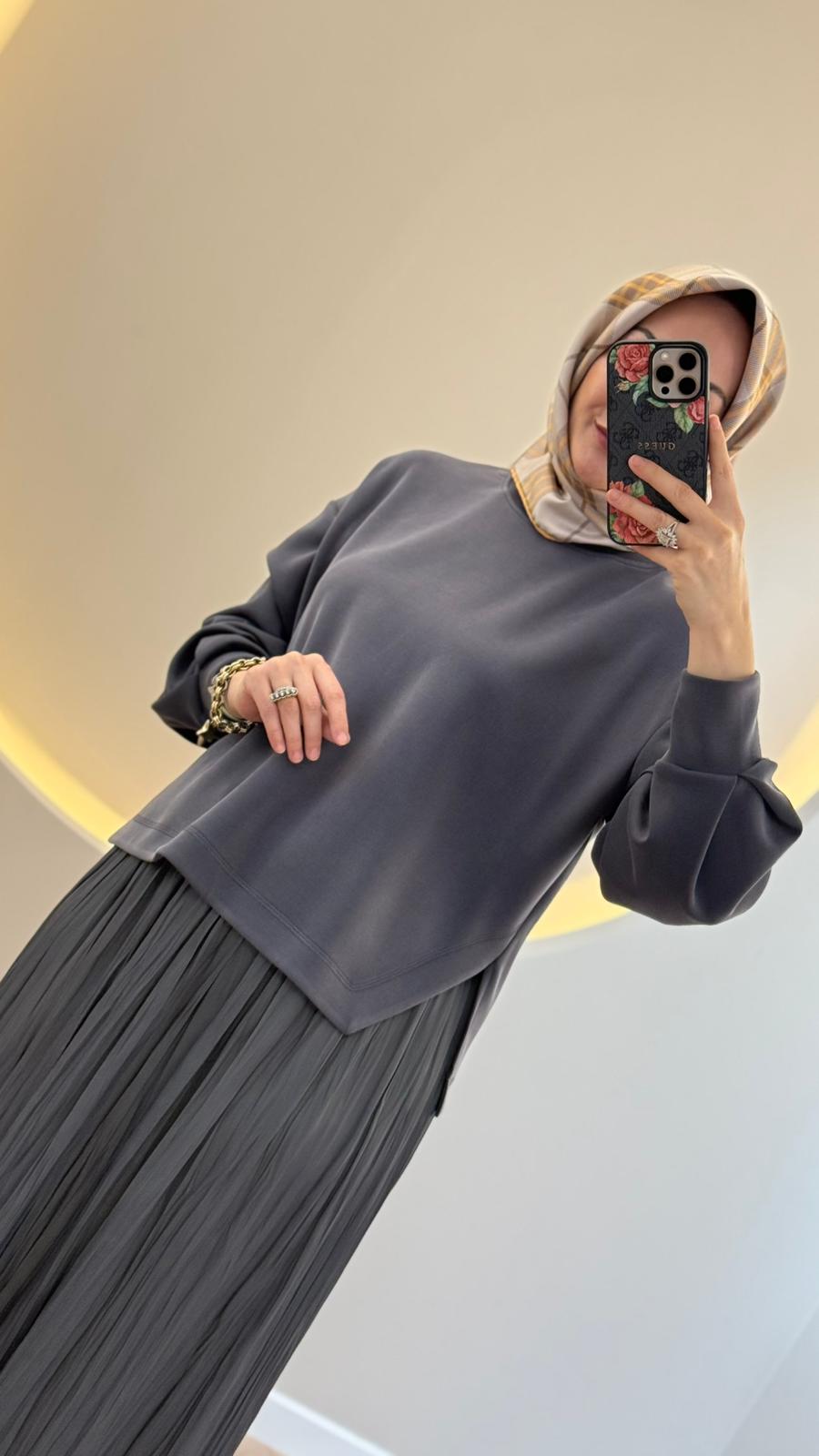 Tığ Triko Saten Kurdele Detaylı Etekli Takım - Antrasit