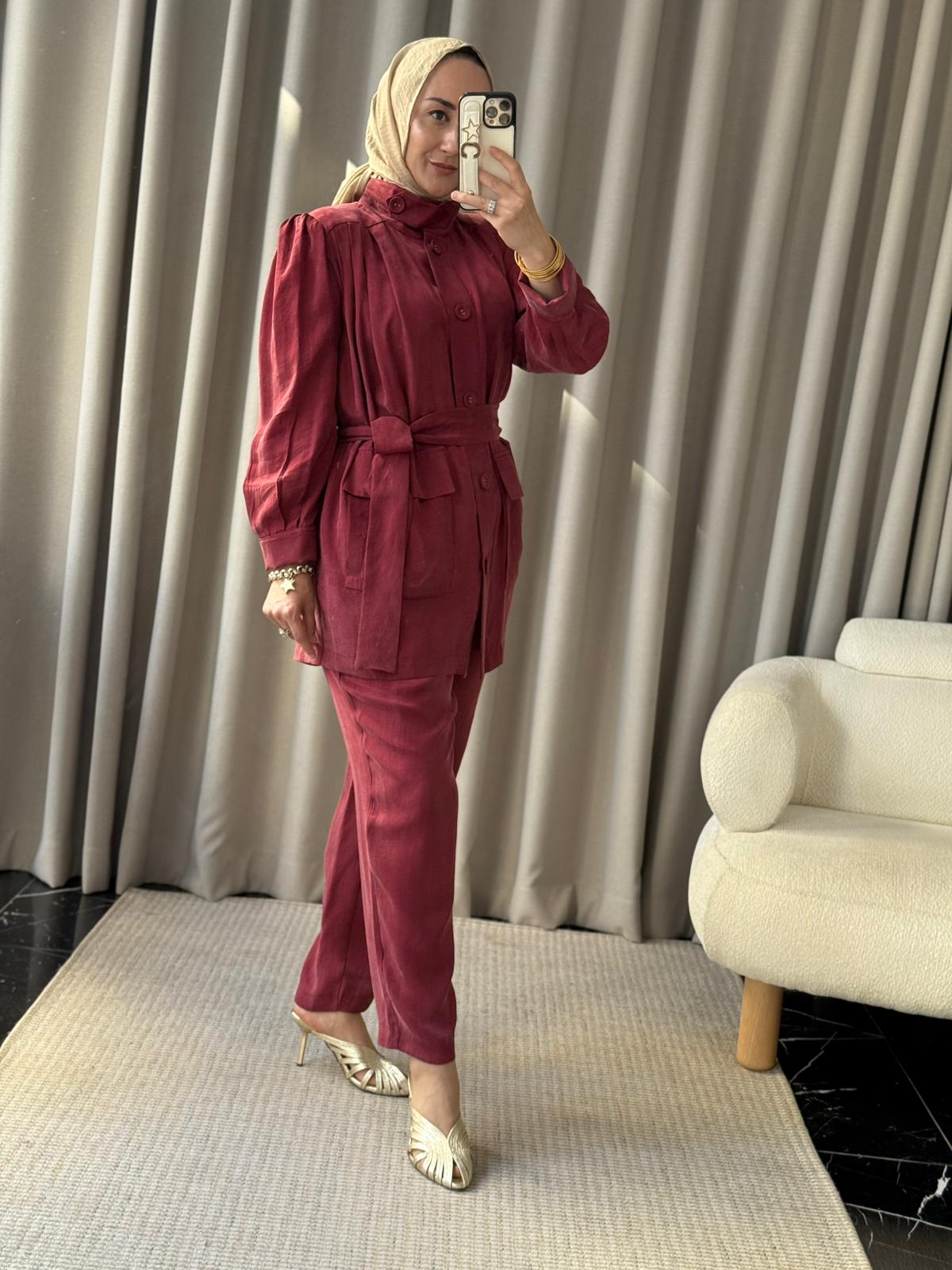 Kahma İpek Cupra Ceket Takım - Bordo