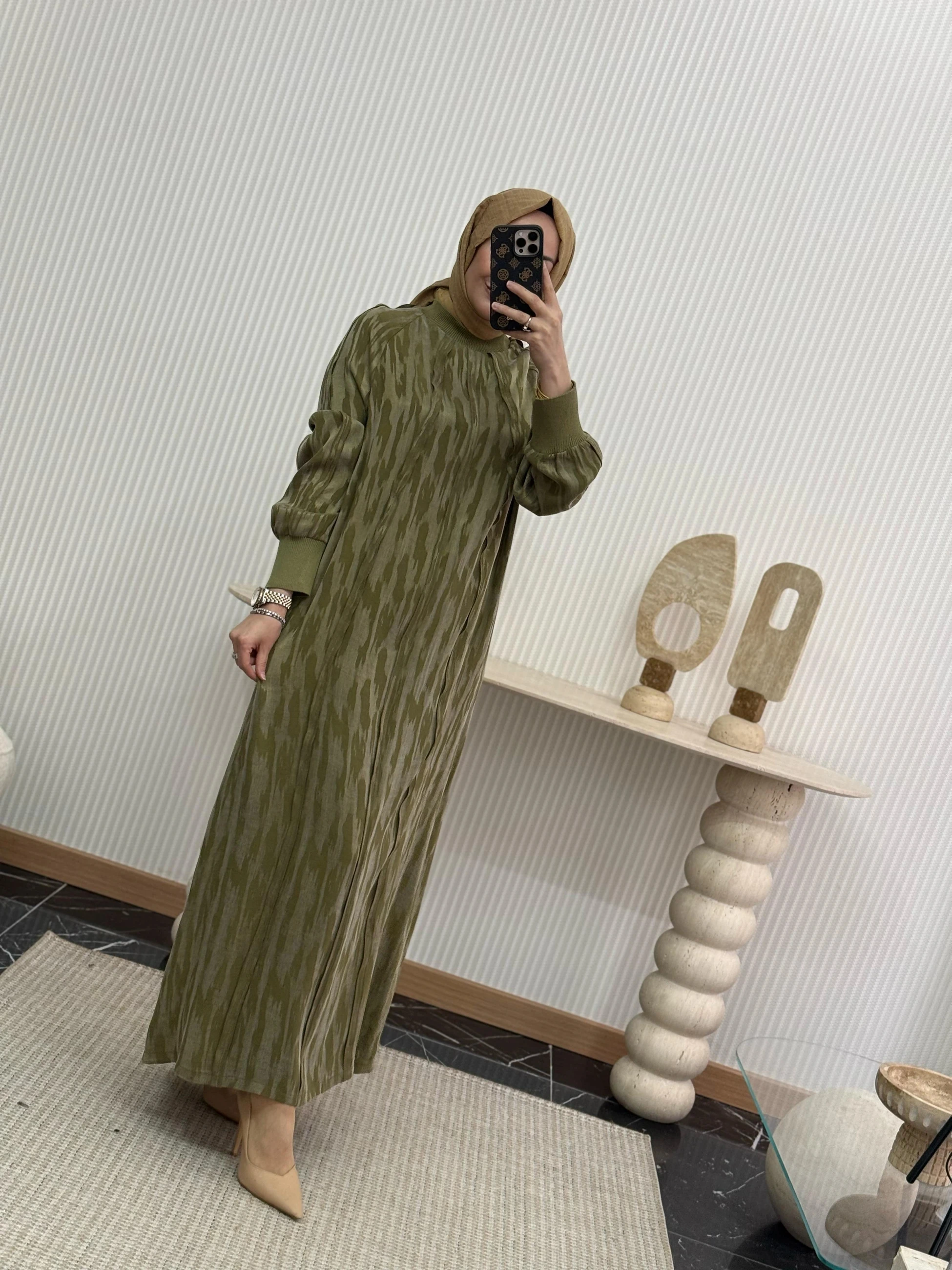 Qmash Desenli Elbise - Yeşil