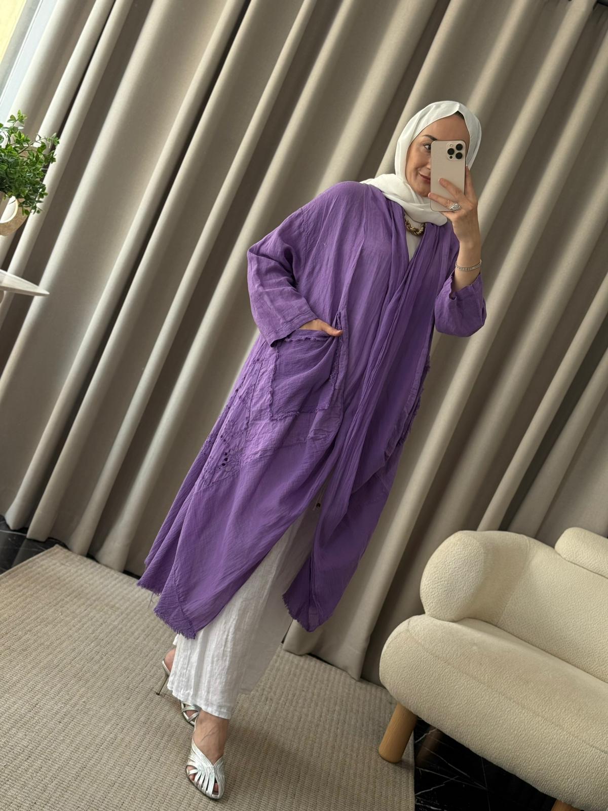 İthal Keten Asimetrik Kesim Kap - Mor