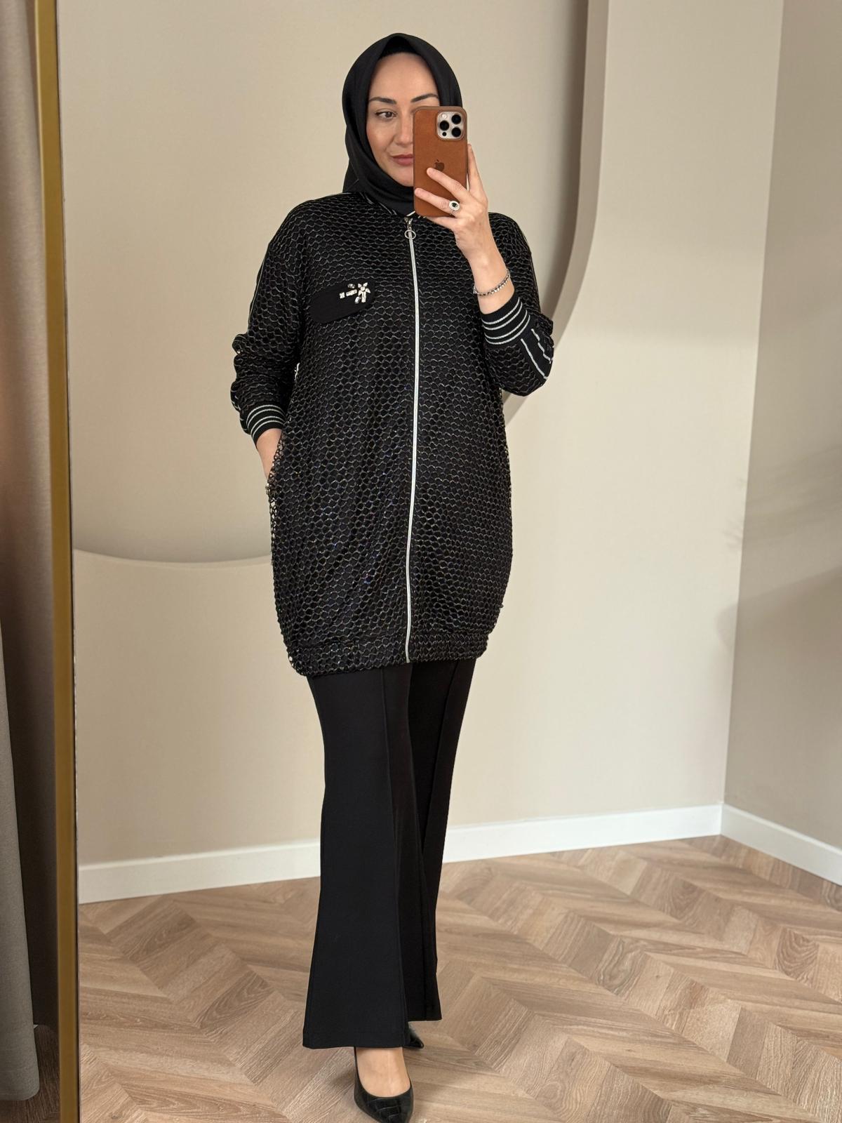 Tığ Triko Simli Bomber Kap- Siyah