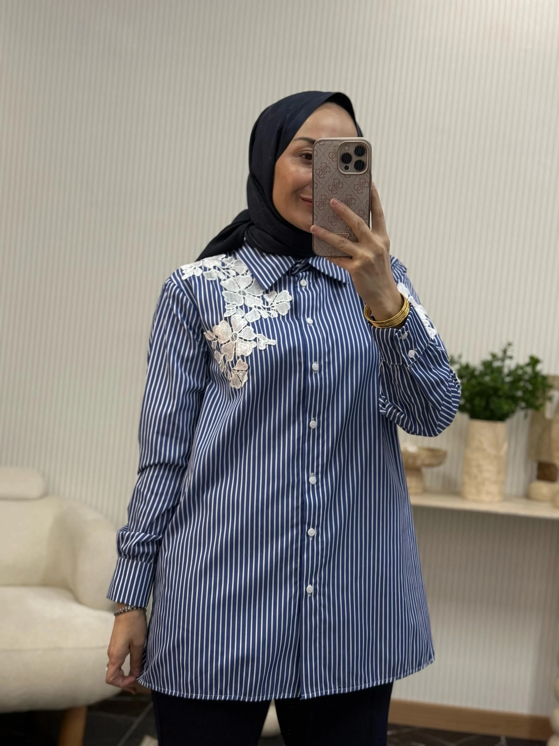 Bm Çiçek Detay Gömlek - Mavi