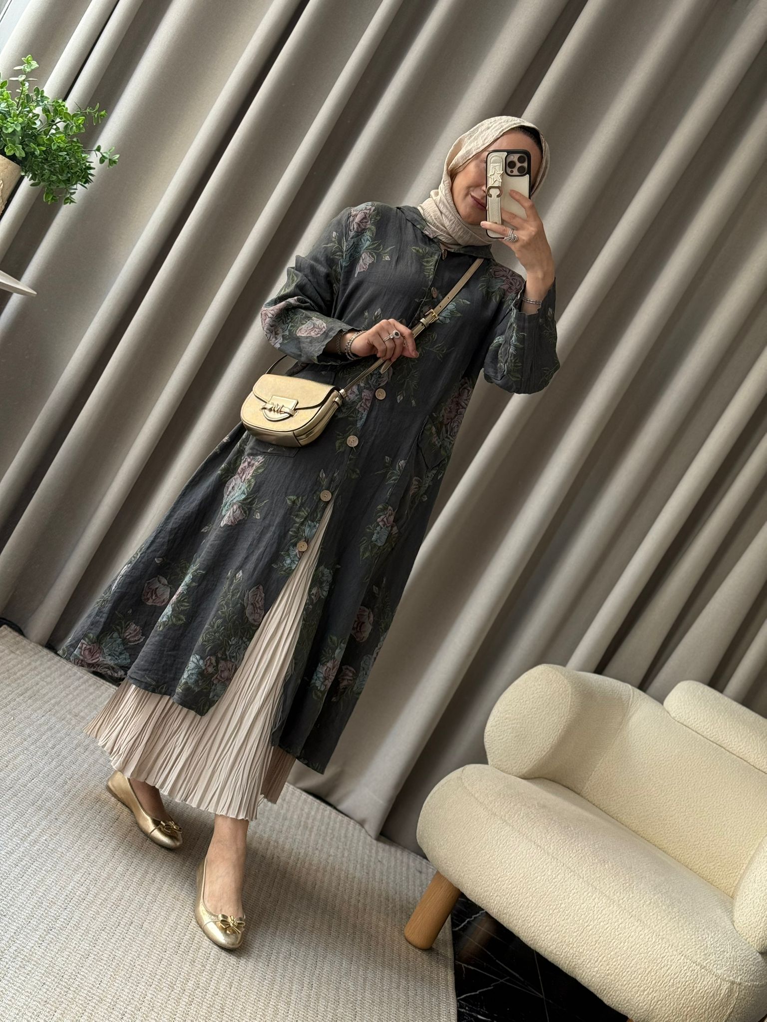 İthal Çiçek Desen Kap - Antrasit