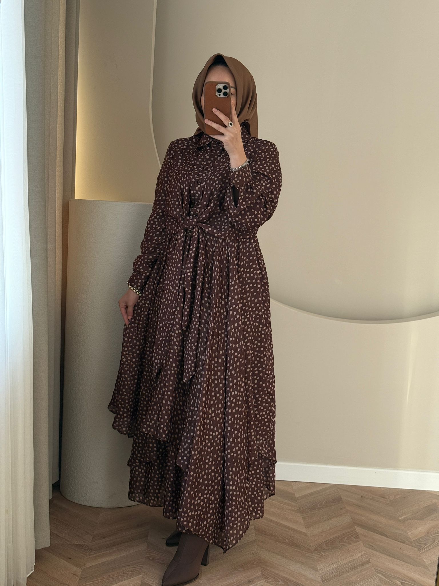 Kahma Puantiyeli Elbise- Kahve