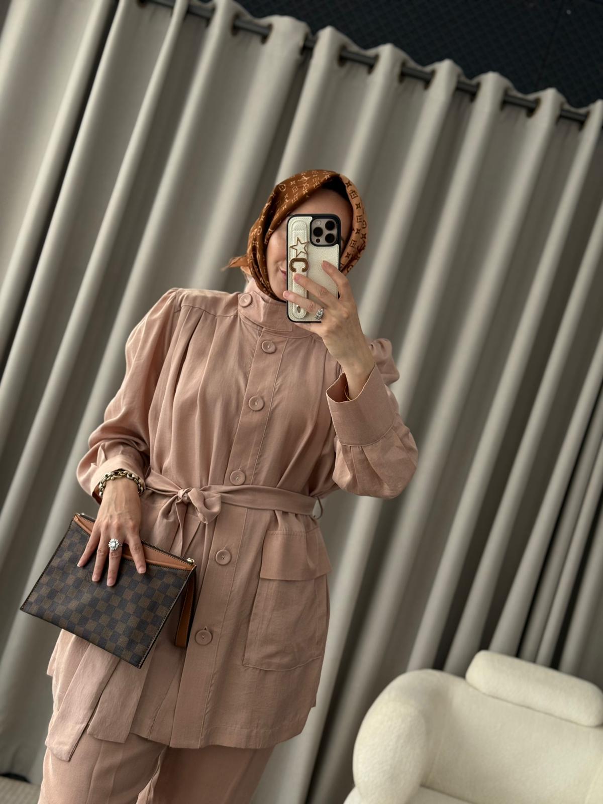 Kahma İpek Cupra Ceket Takım - Pudra