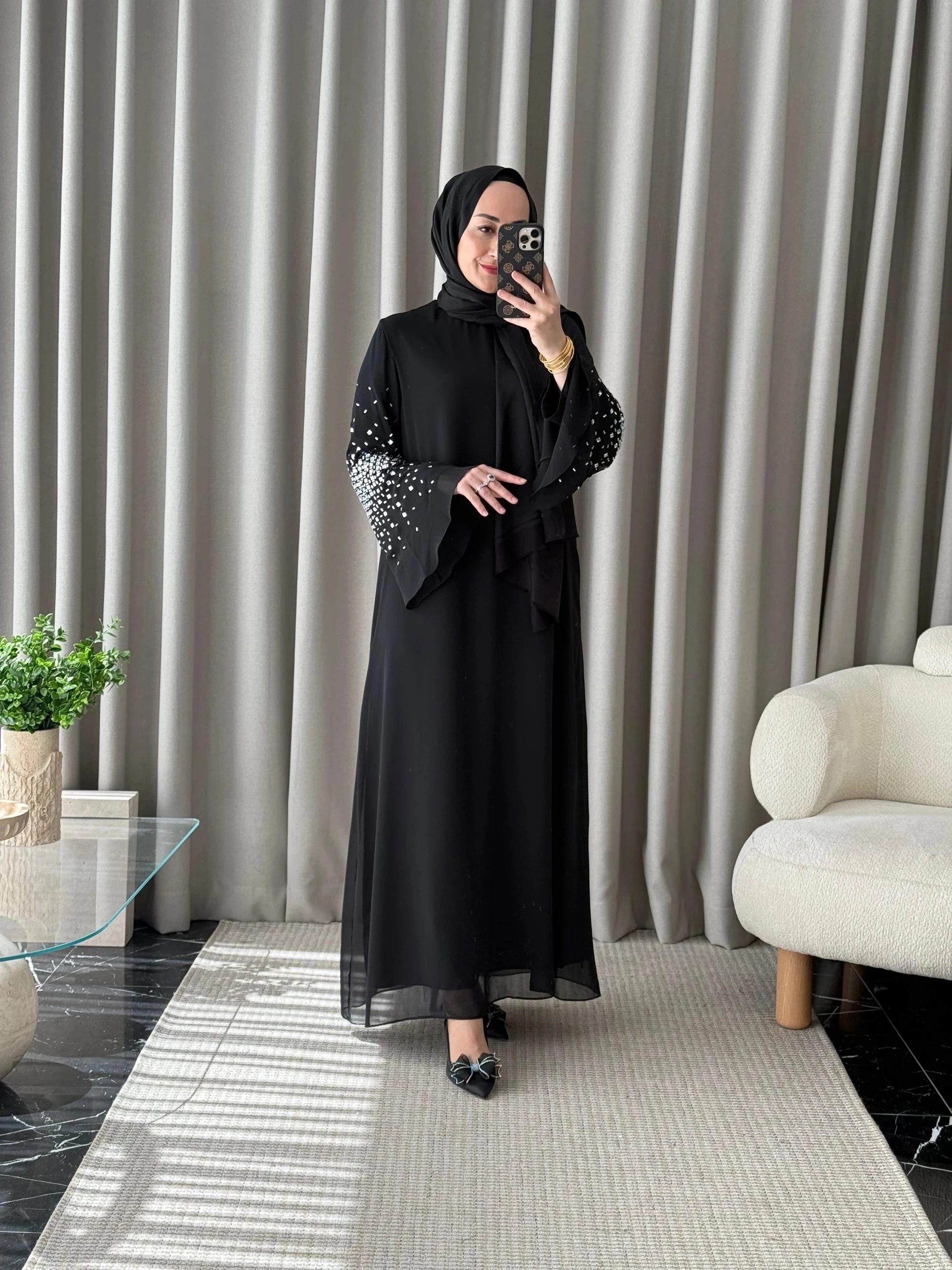 Qeffa Kolları Taş Detay Şifon Elbise