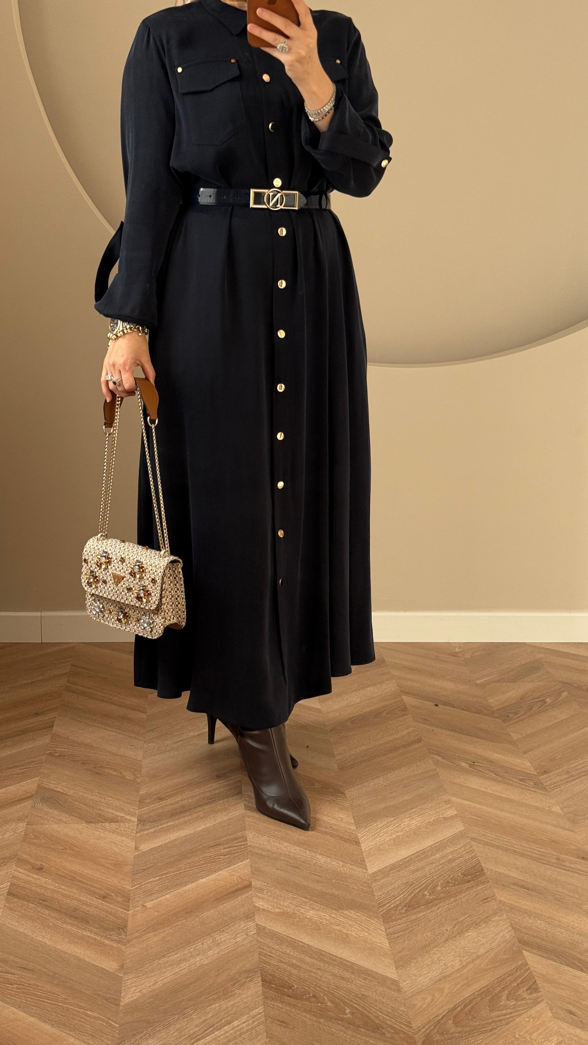 Nuss İpek Cupra Kemer Aksesuarlı Elbise - Lacivert