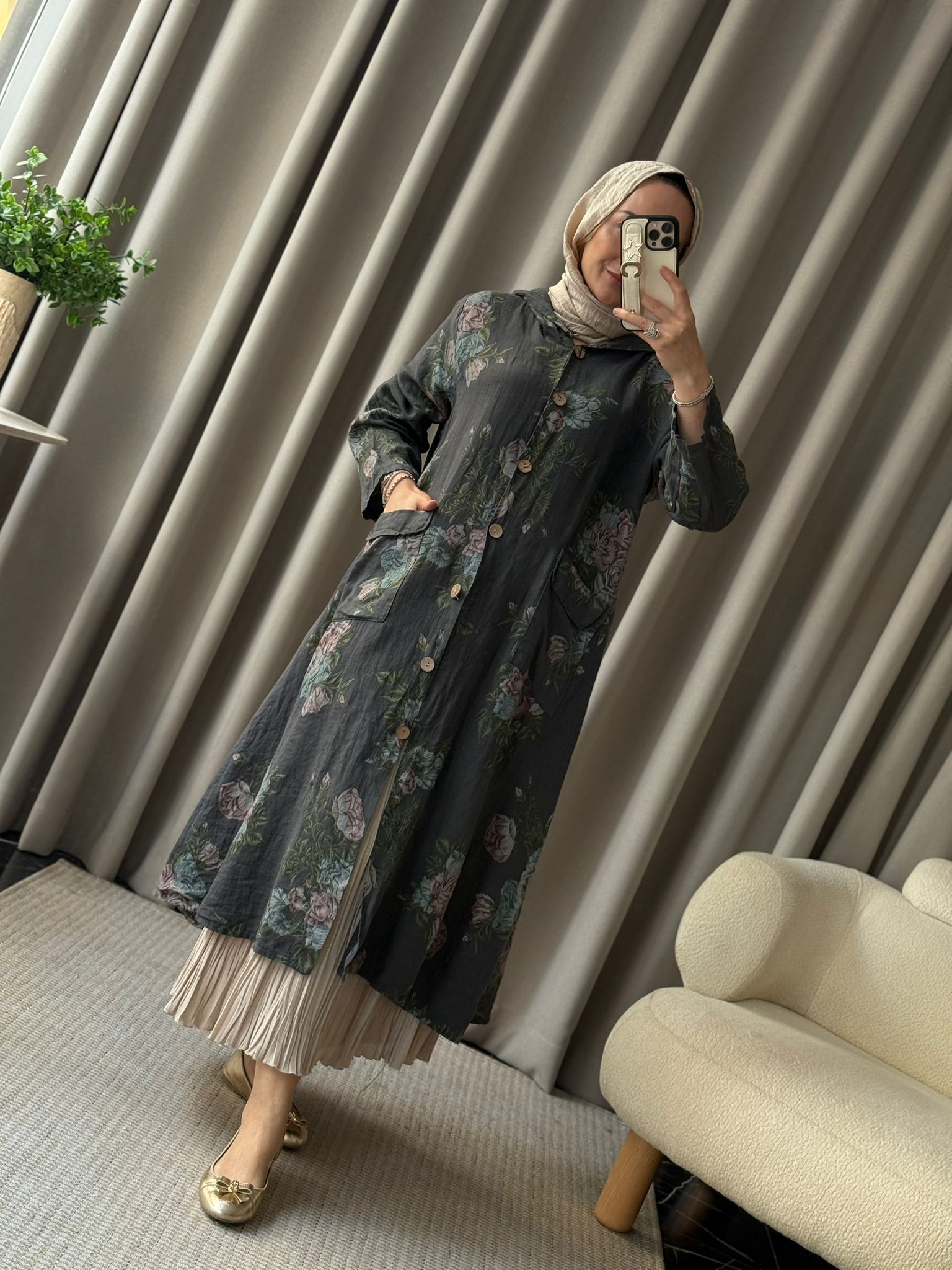 İthal Çiçek Desen Kap - Antrasit