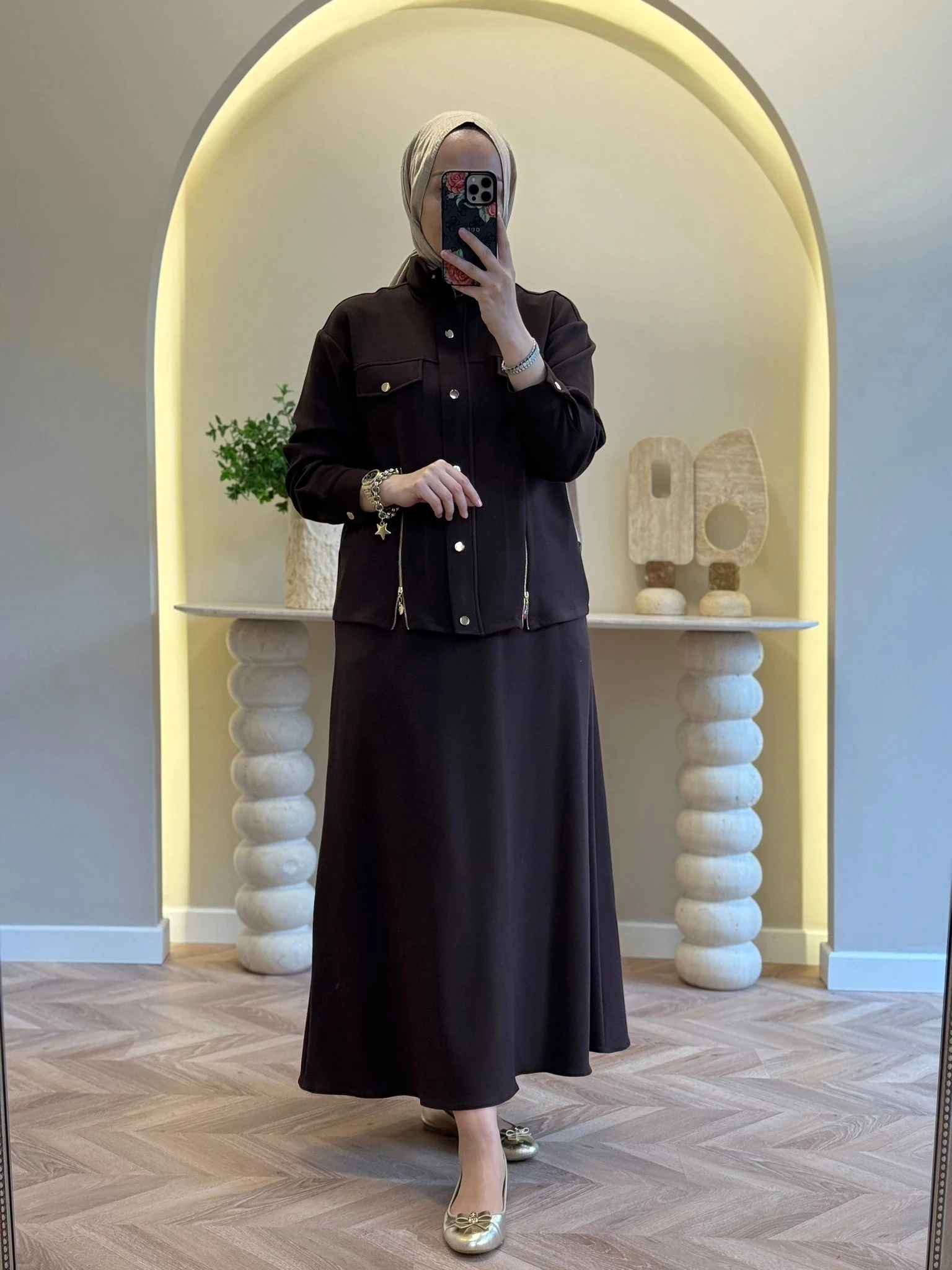 Qmash Fermuar Detaylı Etekli Takım - Kahverengi