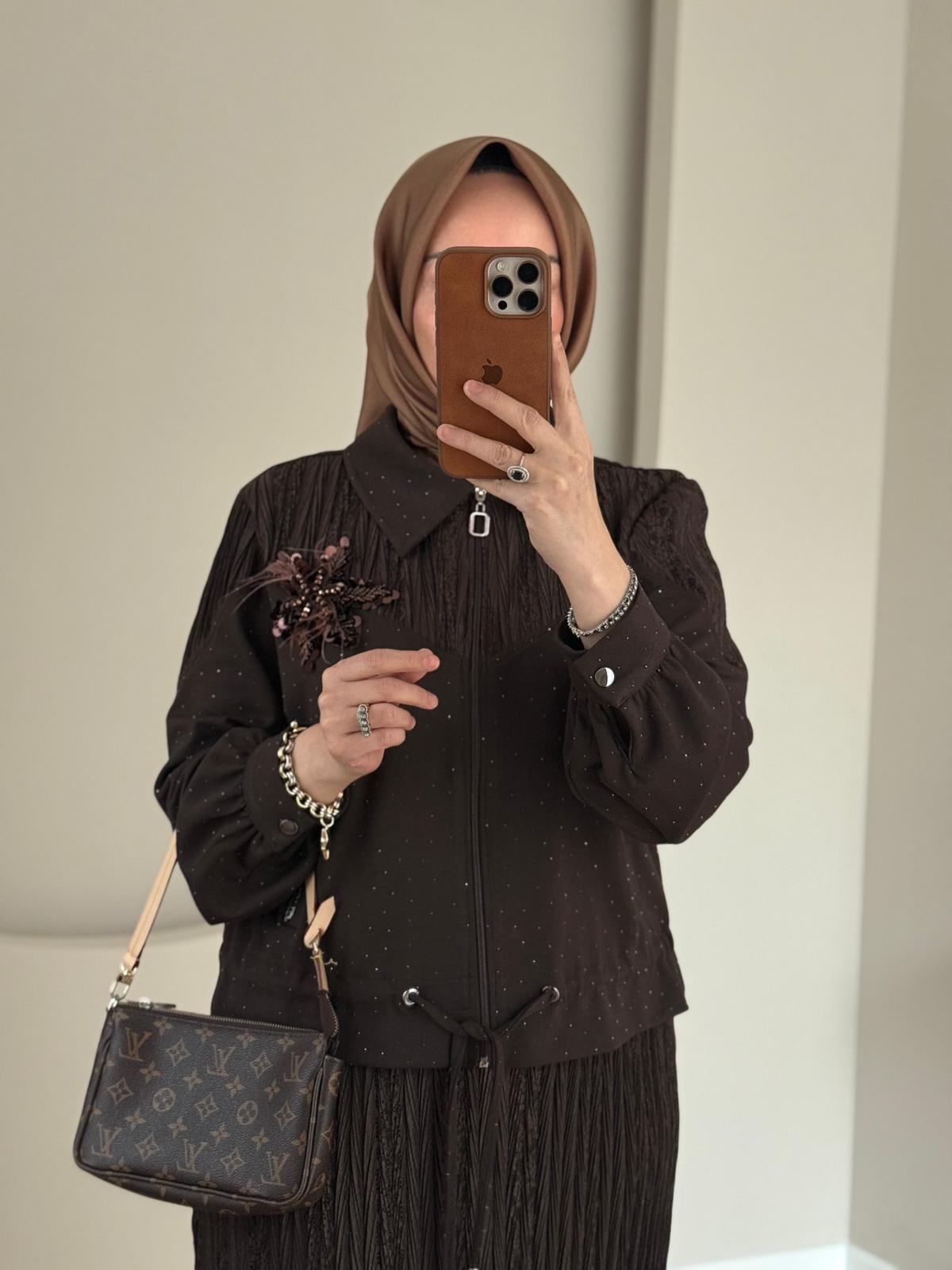 Otto Taşlı Etekli Takım- Kahve