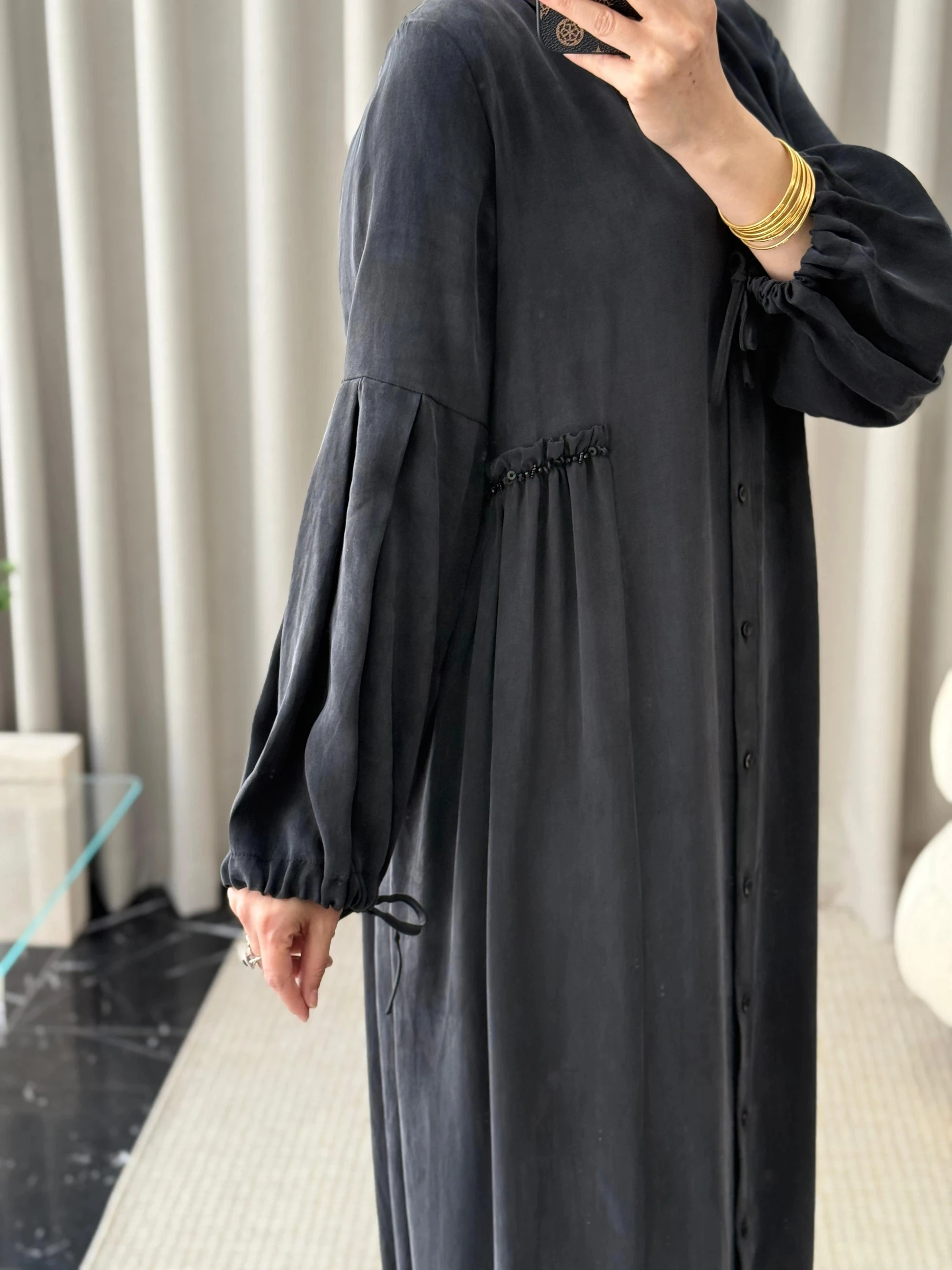 Qeffa Etek Ucu Ribanalı İpek Elbise - Siyah