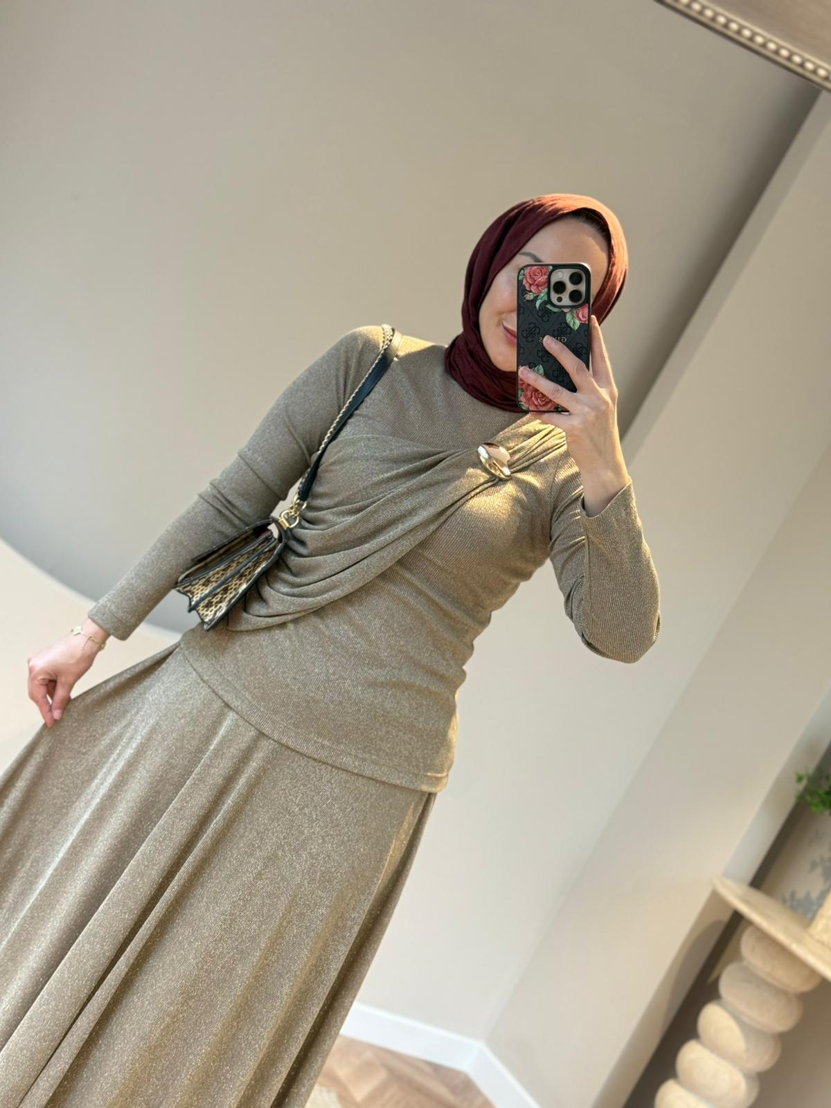 Kahma Simli Merserize Etekli Takım - Vizon