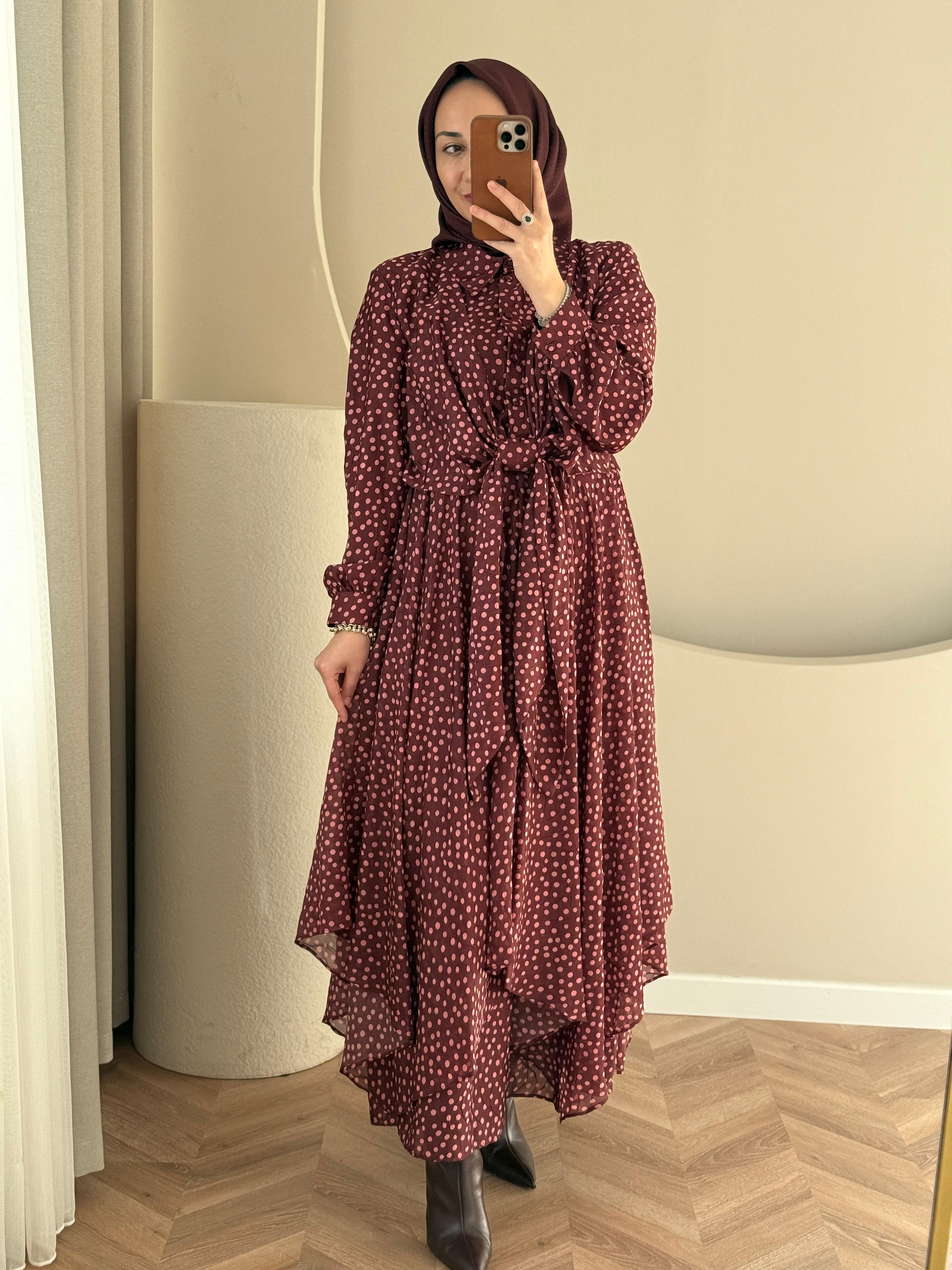 Kahma Puantiyeli Elbise- Bordo