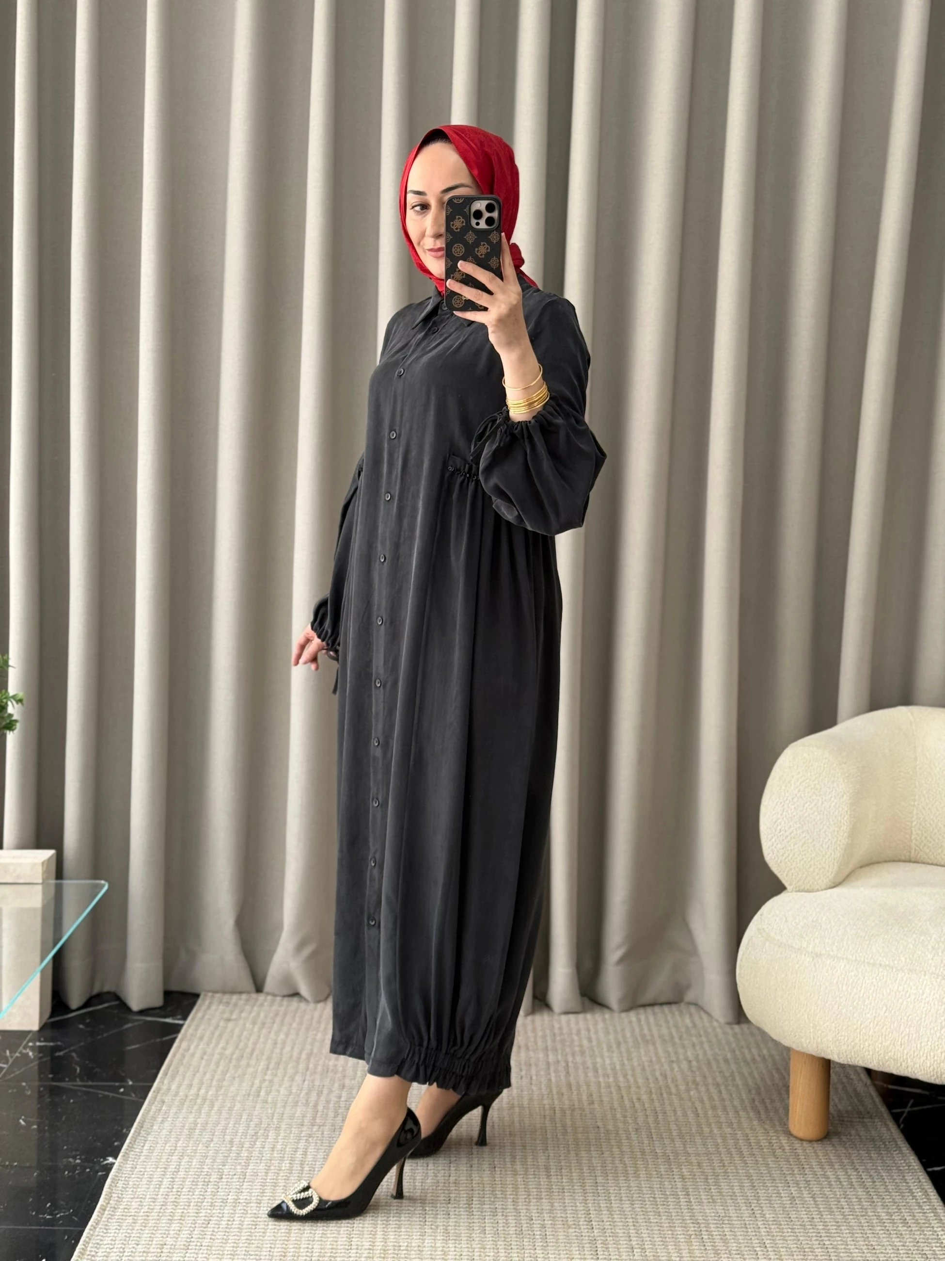 Qeffa Etek Ucu Ribanalı İpek Elbise - Siyah