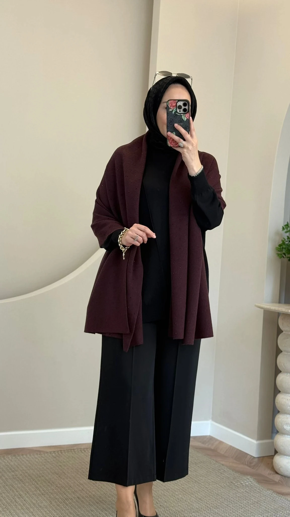 Mutlu Ertan Taş Baskılı Şal - Mürdüm