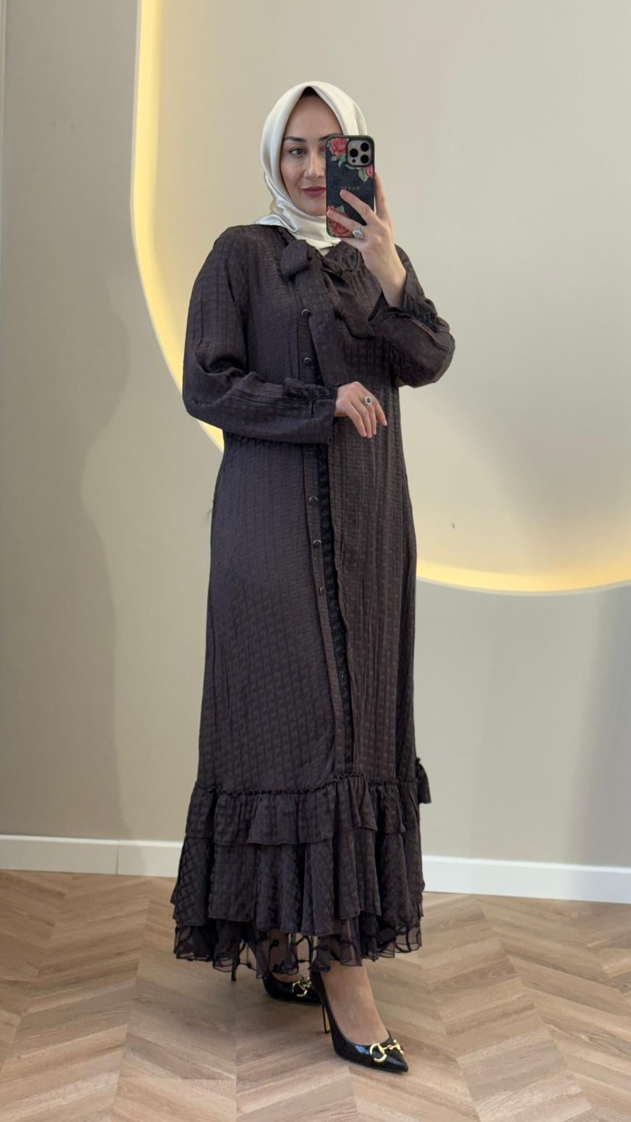 Lissmore Kare Desenli Elbise - Kahverengi