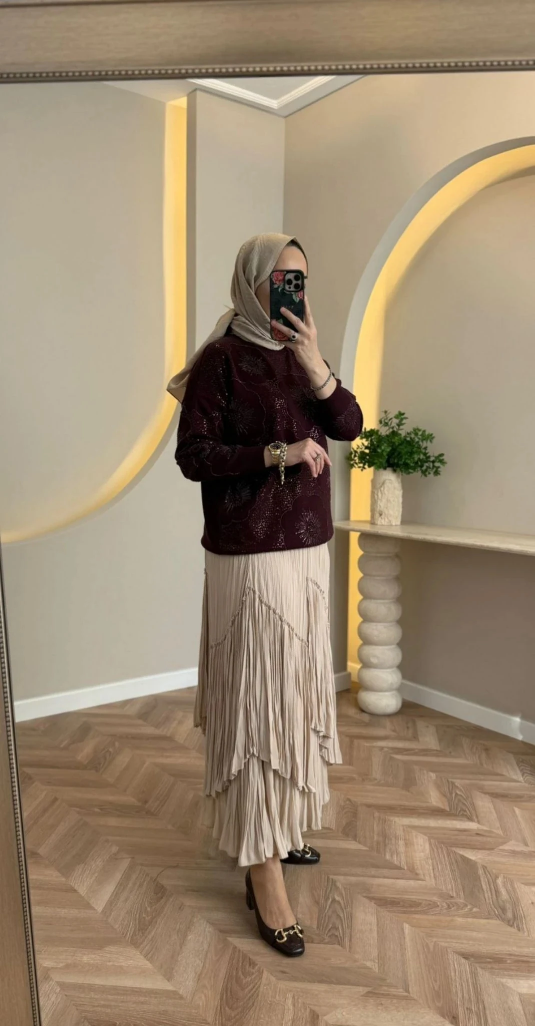 Sentez Viola Parçalı Kırıştırma Etek - Bej