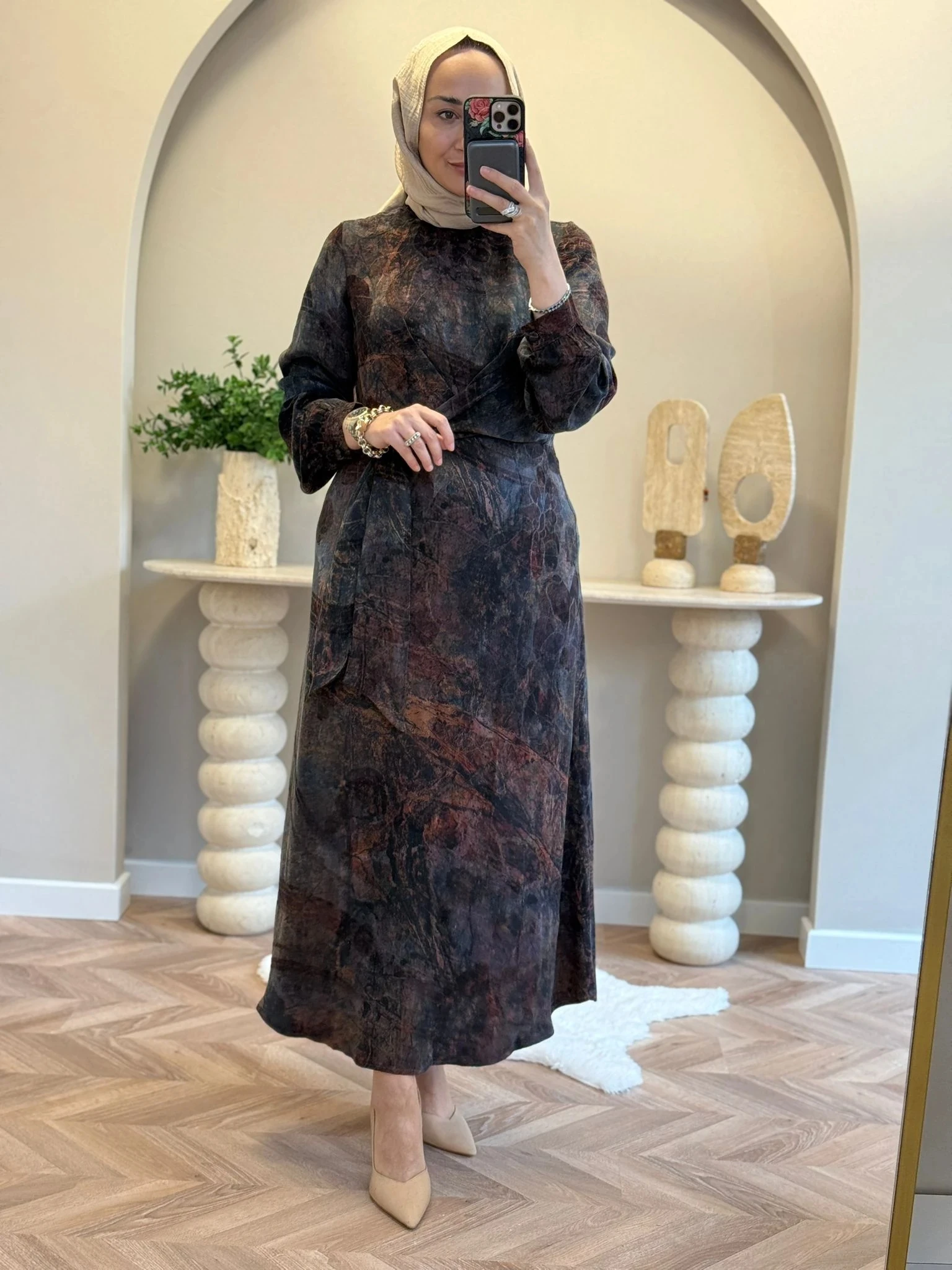 Nuss Bel Detaylı Desenli Elbise