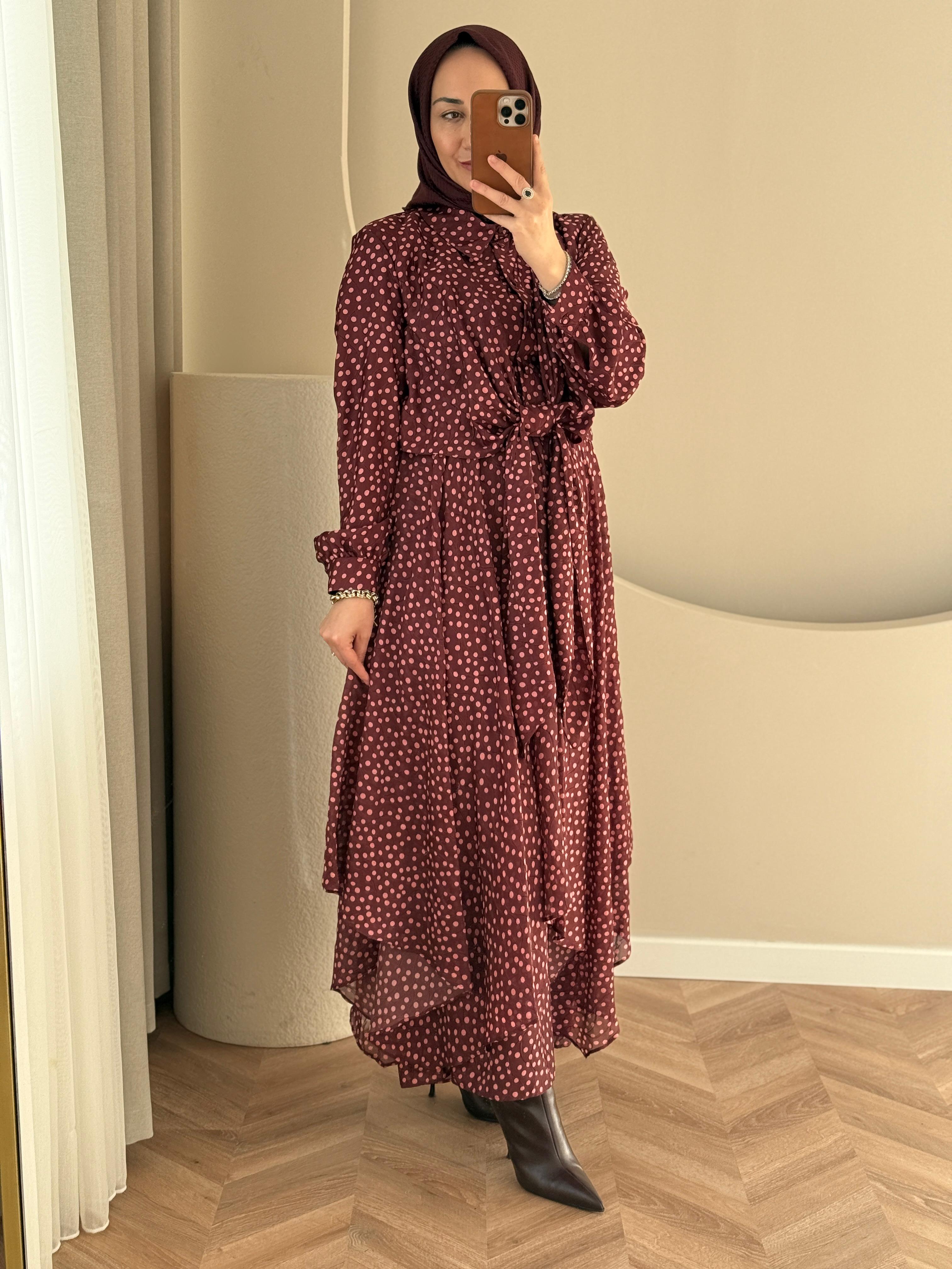 Kahma Puantiyeli Elbise- Bordo