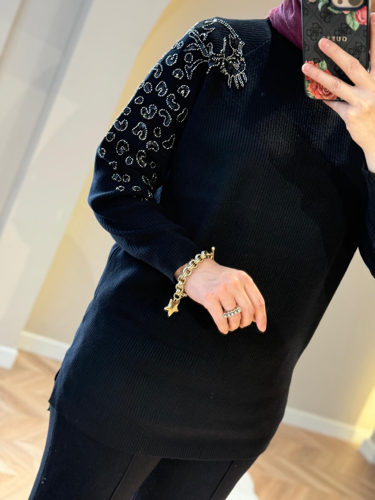 Tığ Triko Leopar Taş İşlemeli Takım