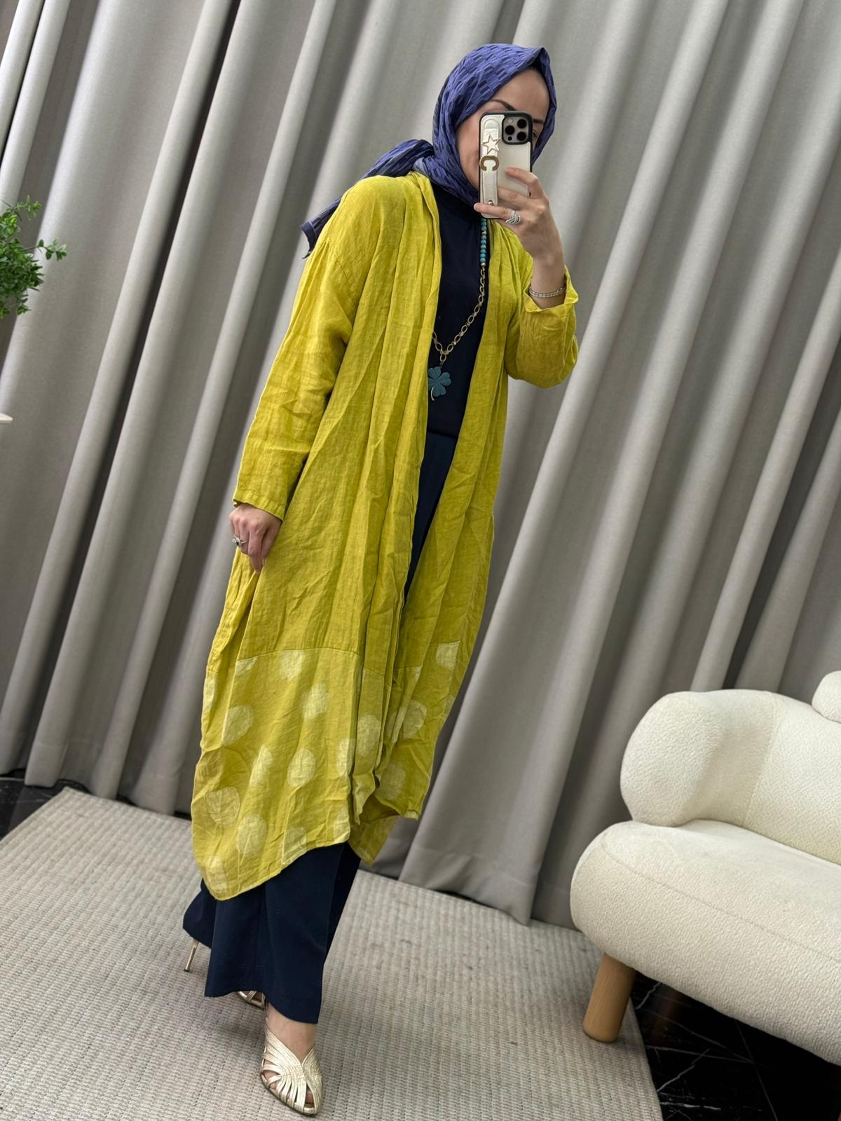 İthal Desenli Keten Kap - Yağ Yeşili