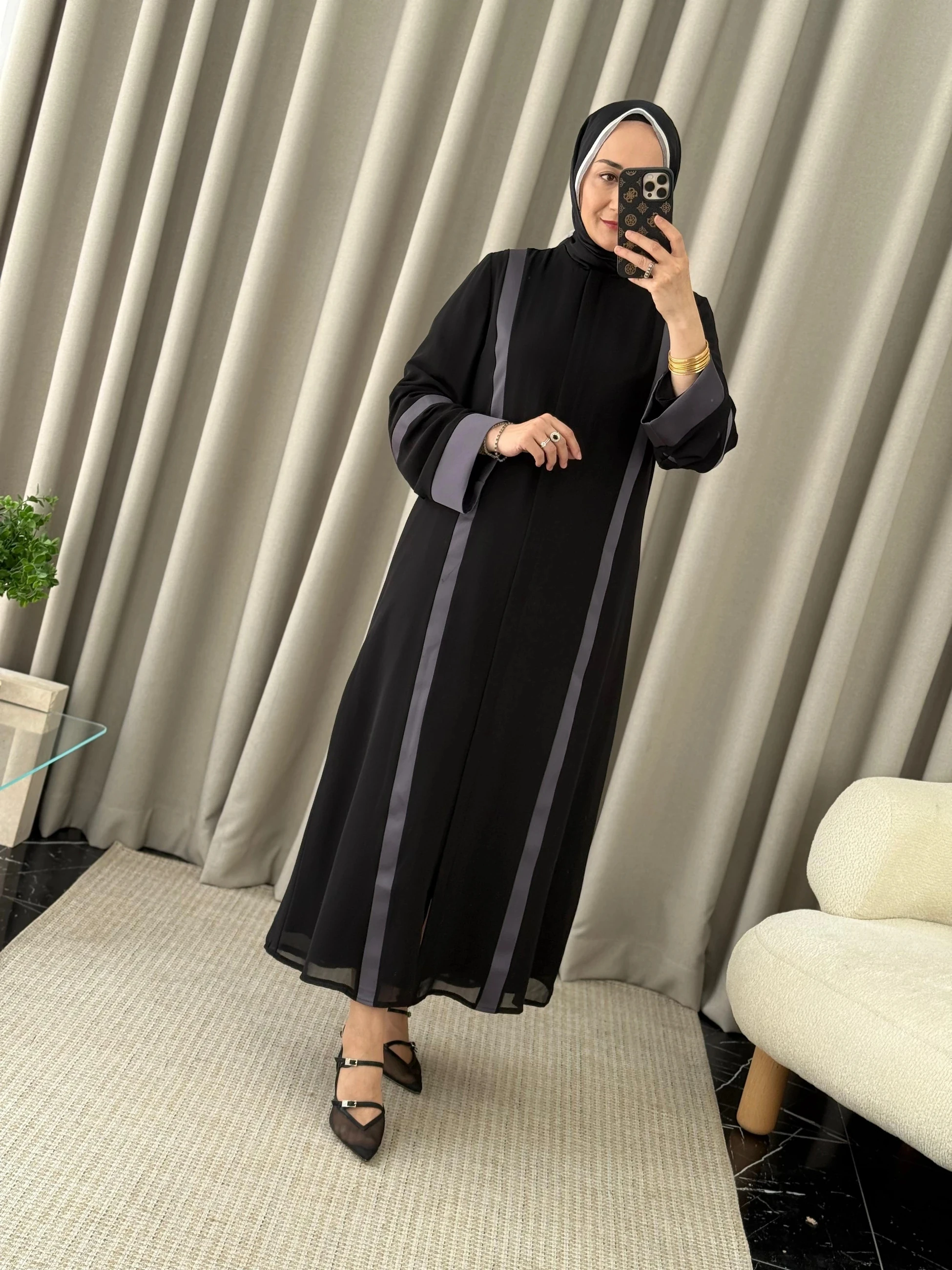 Qeffa Gri Şeritli Ferace - Siyah