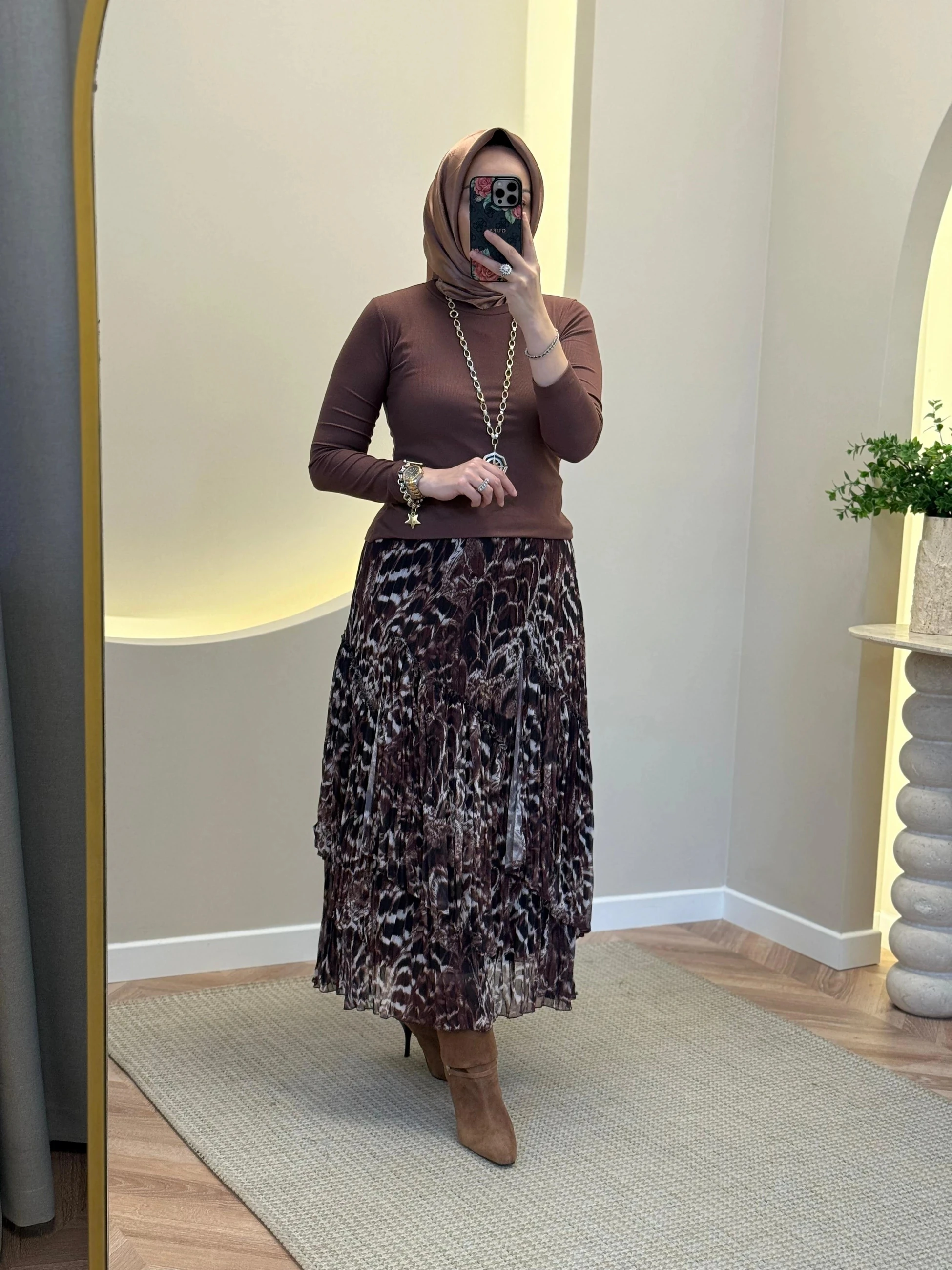 Sentez Viola Leopar Etek - Kahverengi