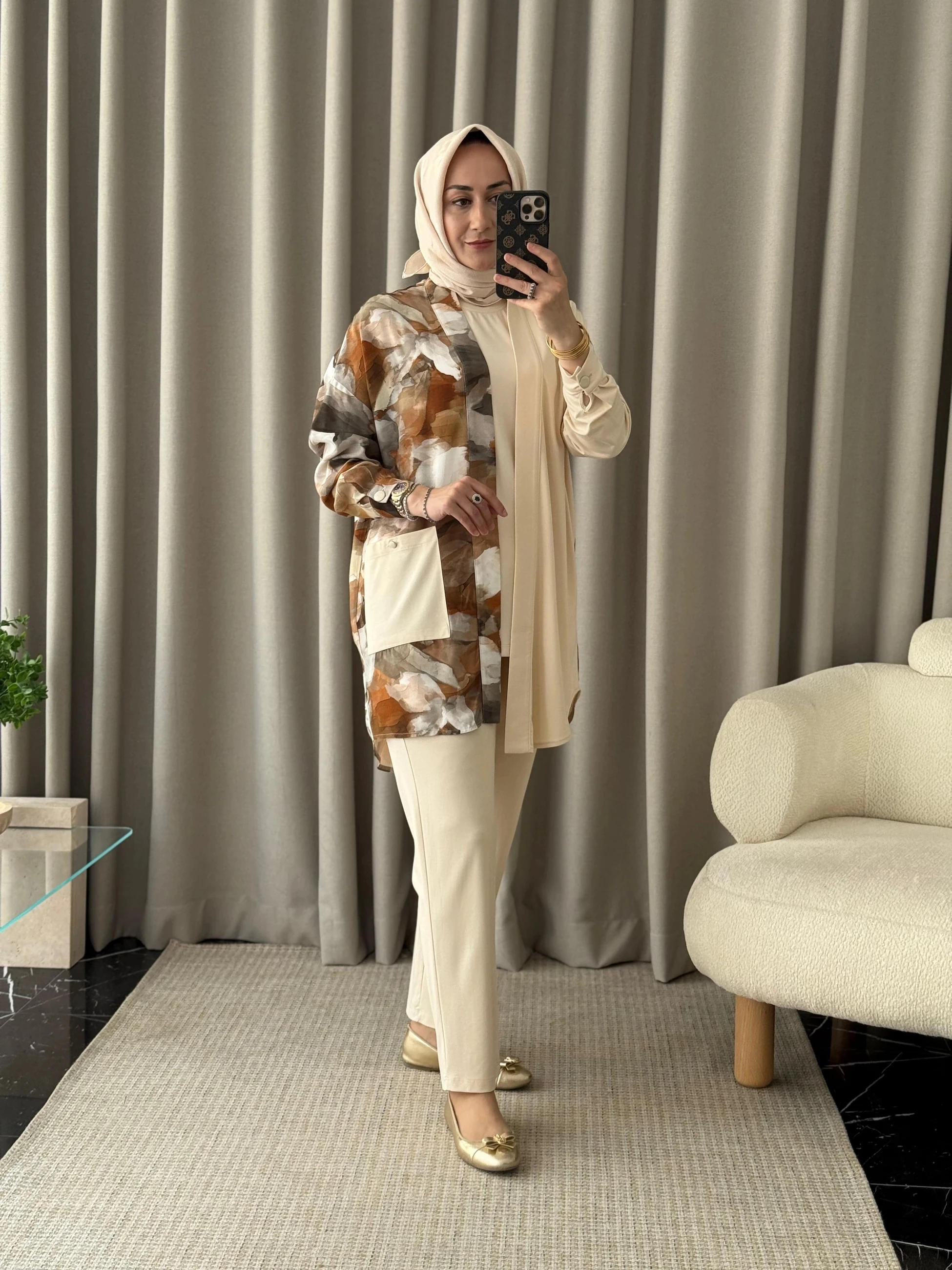 Tığ Triko Asimetrik Kesim Üçlü Takım - Bej