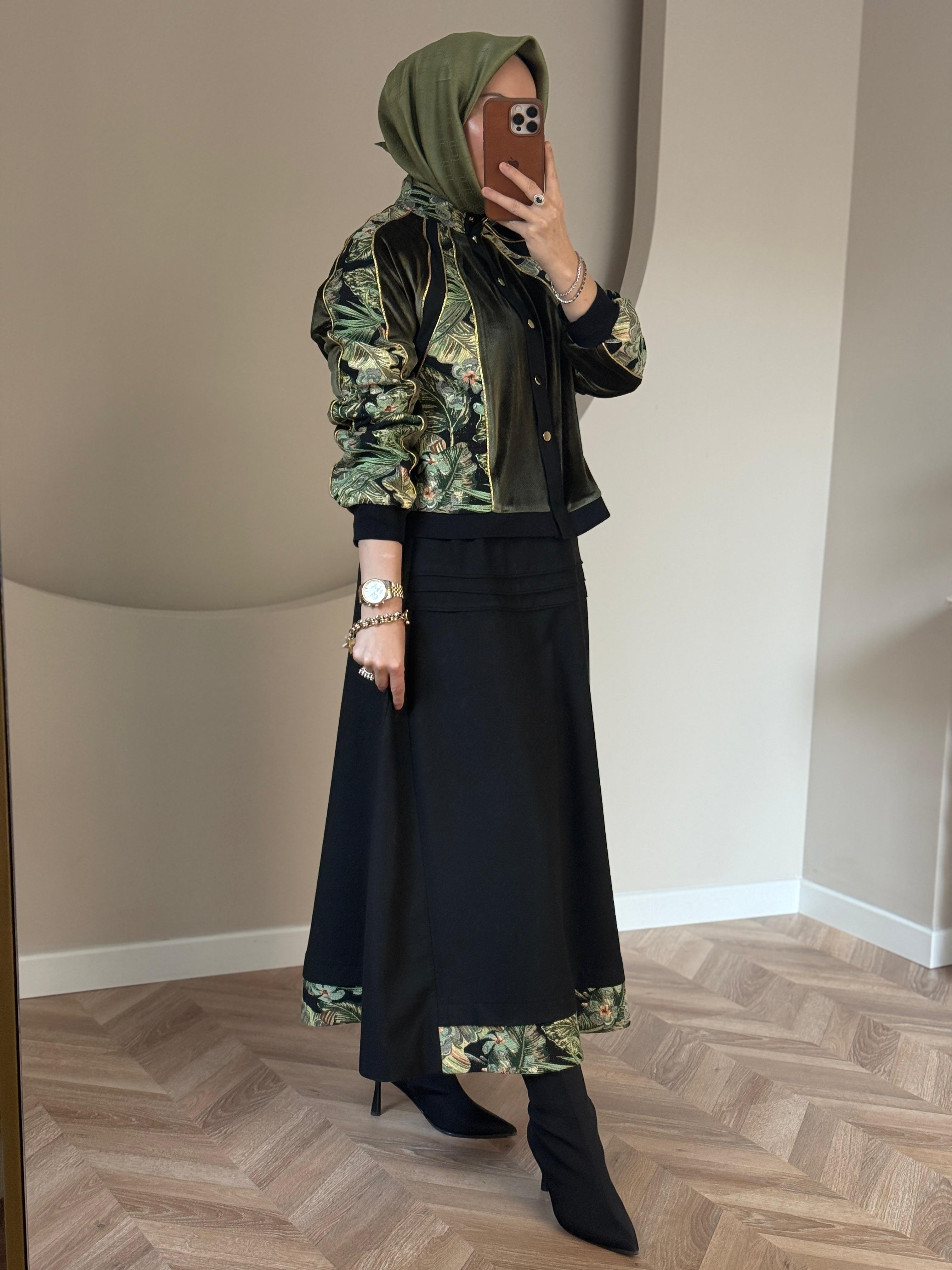 Ghisa Kadife Kumaş Kombinli Etekli Takım-Siyah