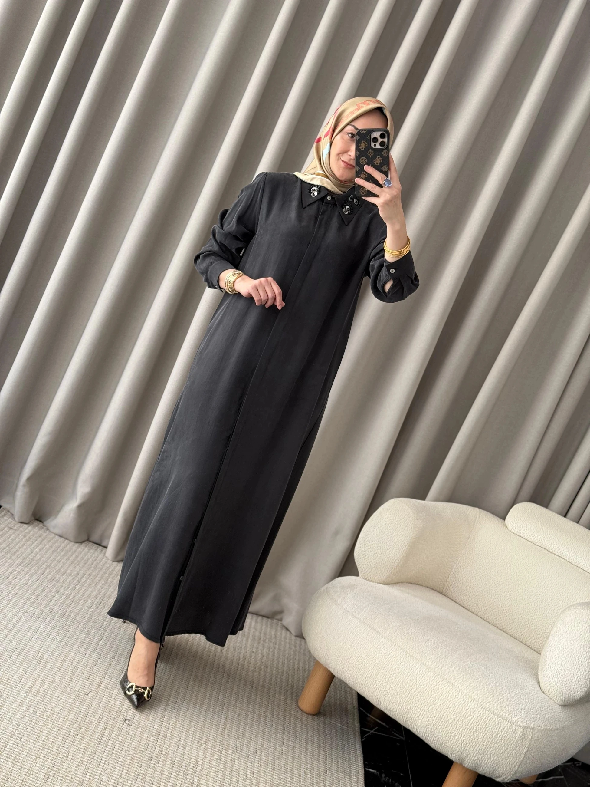 Qeffa Yakası Pullu Gömlek Elbise - Siyah