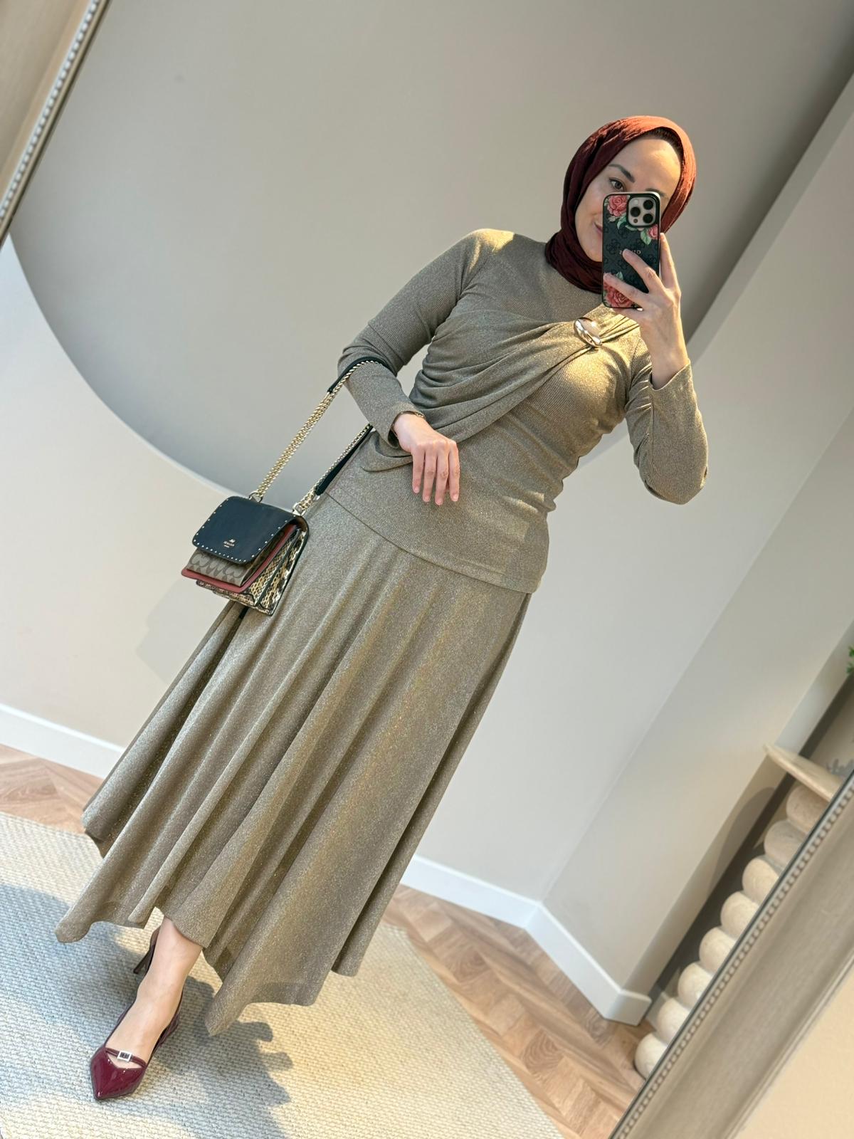 Kahma Simli Merserize Etekli Takım - Vizon