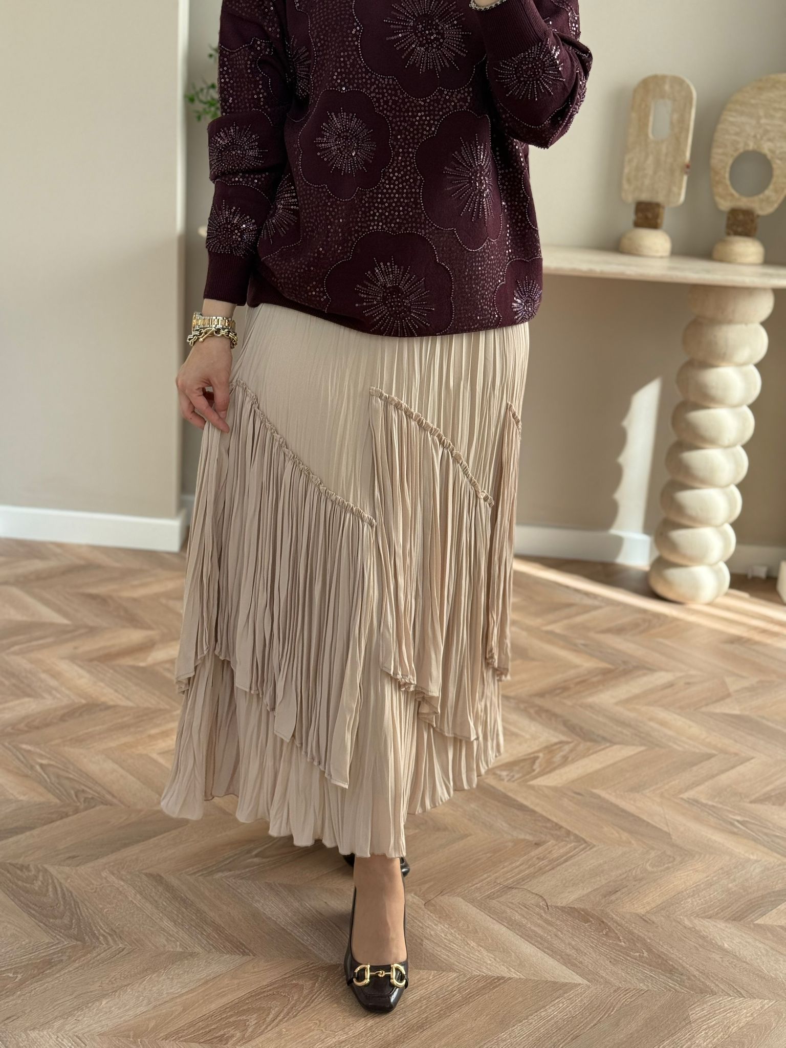 Sentez Viola Parçalı Kırıştırma Etek - Bej