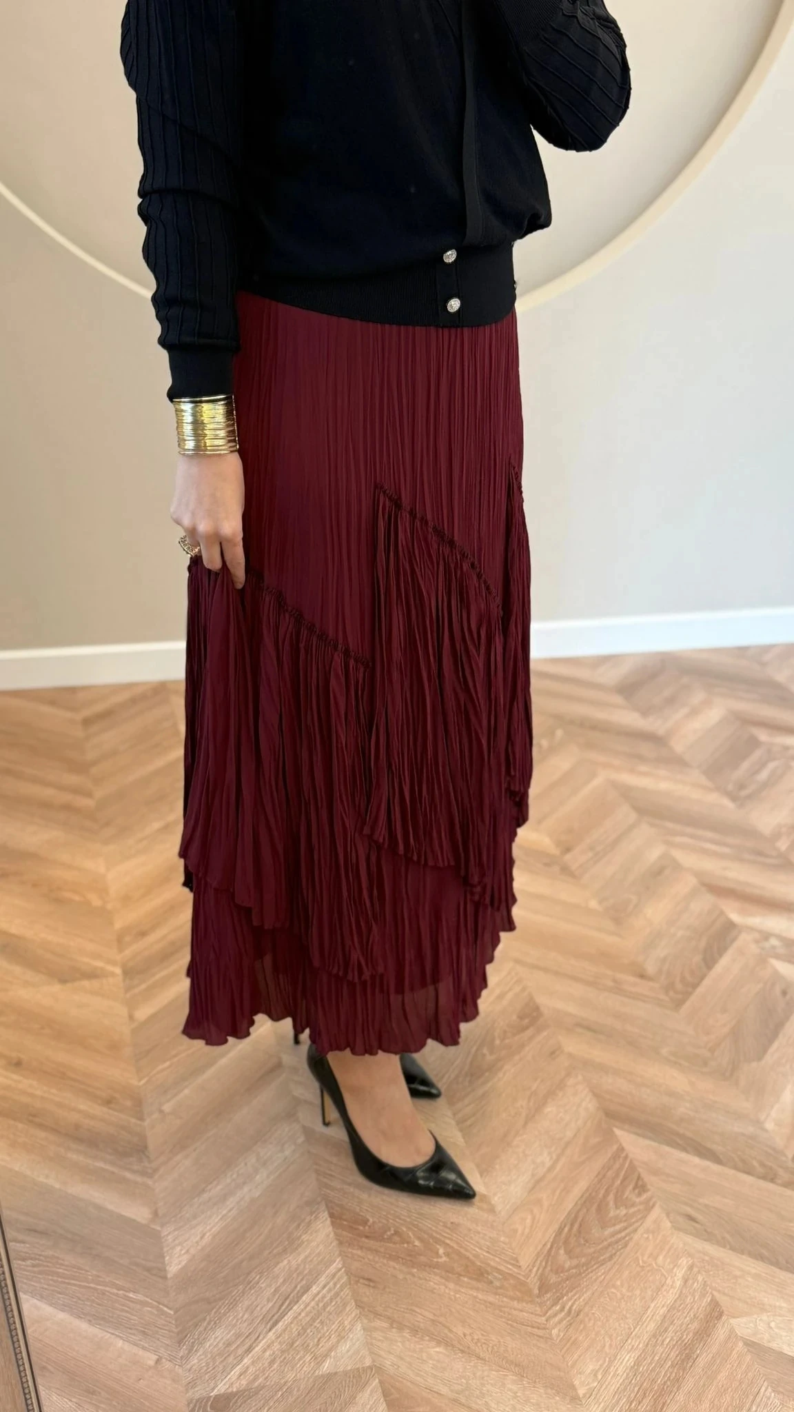 Sentez Viola Parçalı Kırıştırma Etek - Bordo